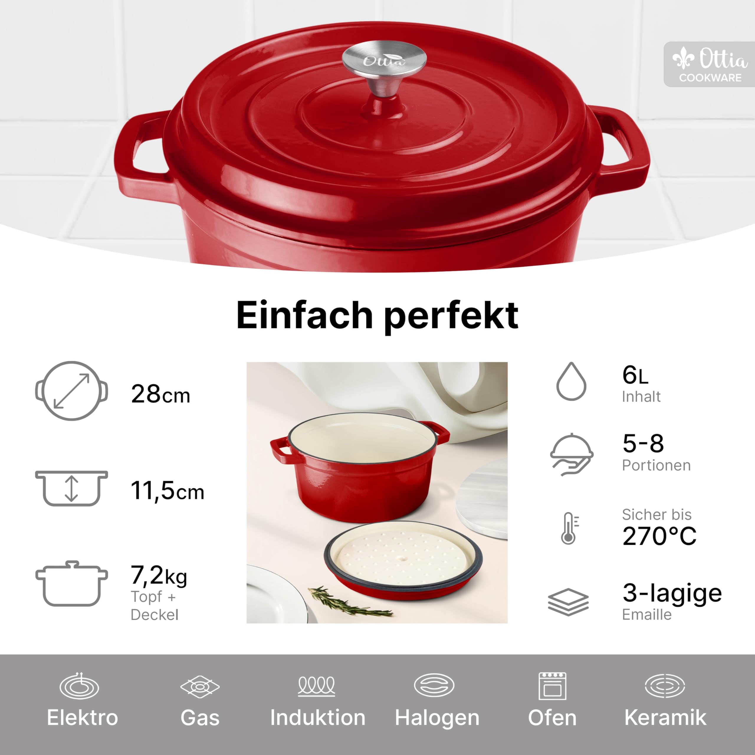 Ottia Pentola in ghisa [con libro di ricette elettroniche] – 28 cm smaltata, ideale per 5 – 8 porzioni – pentola per arrosti