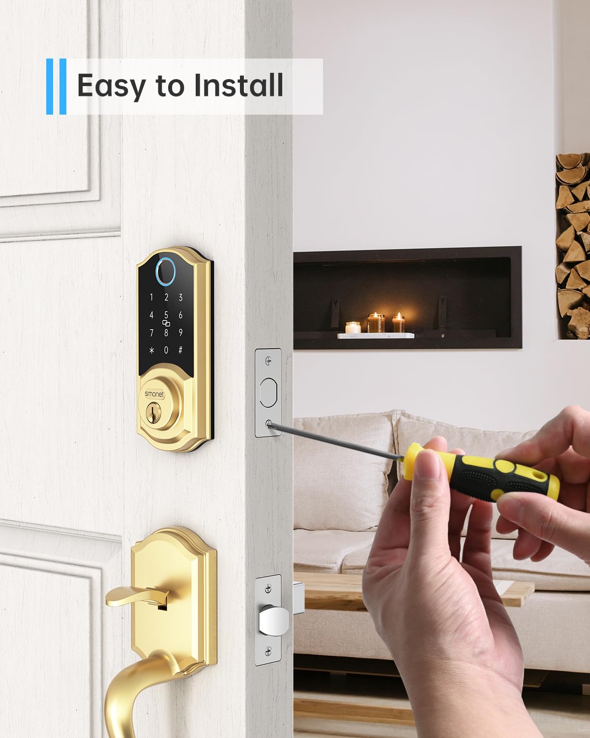 SMONET Smart Lock Fingerprint Deadbolt,Keyless Entry Door Lock with App Control,7-1 Smart Deadbolt with Digital Bluetooth Keyless Entry Keypad Biometrics,Auto-Lock,Easy to Install,Gold