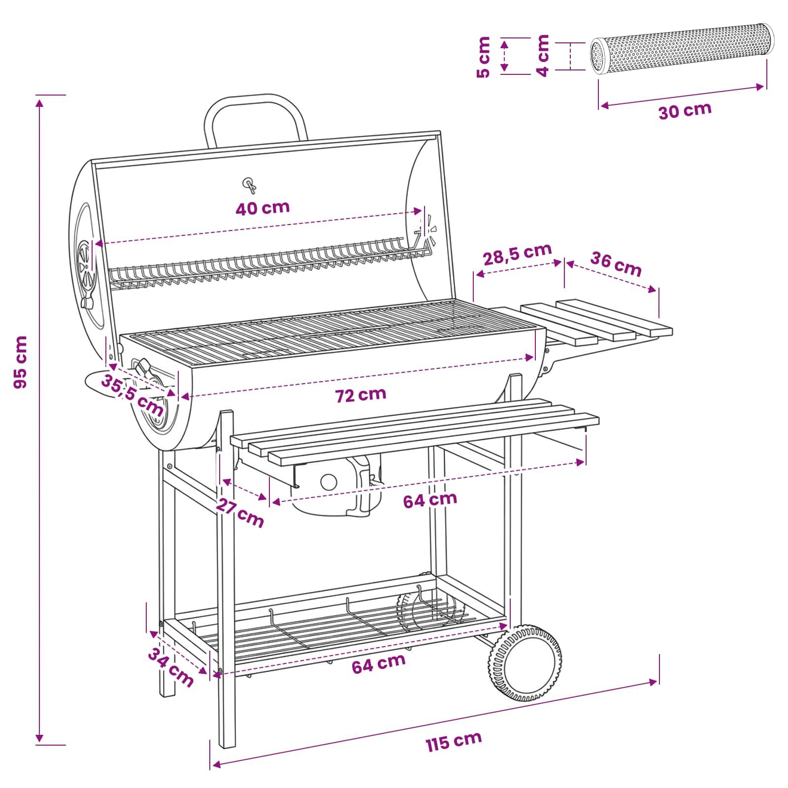 Grill beczkowy z kołami i półkami, czarny metal | Przenośny na zewnątrz, powierzchnia 0,26 m², stal nierdzewna, idealny kemping i dziedziniec