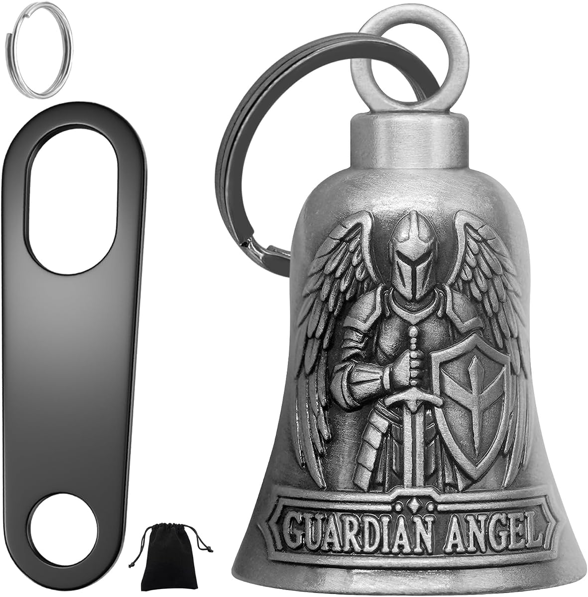 St. Michael Motorcycle Bell Guardian Angel Gremlin Biker Bells for Luck with Motorcycle Bell Hanger, 2 Key Chain Ring Accessories, Velvet Pouch