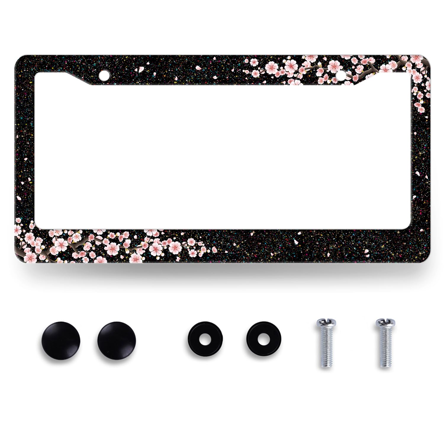 Bling Cherry Blossom License Plate Frame Pink Floral License Plate Stainless Steel Auto Parts Colorful License Plate Holder for Women Decoration with