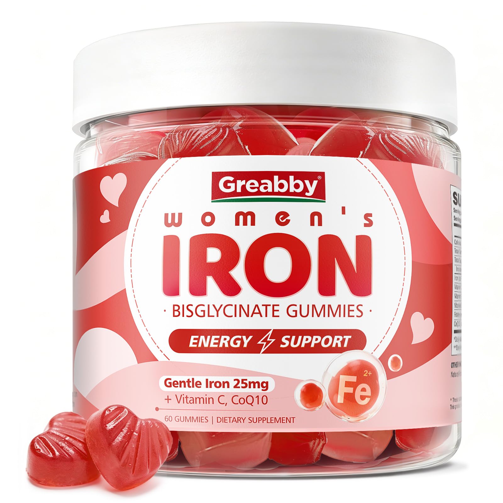 GREABBY Gomas de bisglicinato ferroso com vitamina C e CoQ10 25 mg e 100 mg, 60 gomas