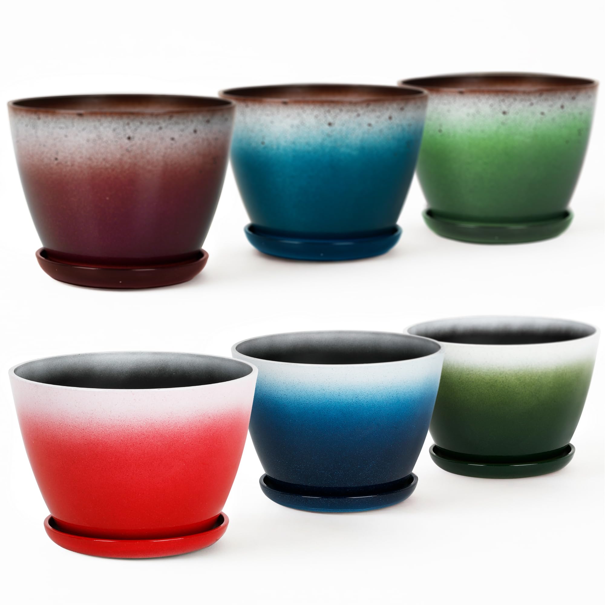 Worth Garden Plastic Round 8" Plant Pots - Set of 6 Multicolor Small Gloss Flower Pot Planters with Drainage Hole and Saucer - Home Decorative Christmas Containers