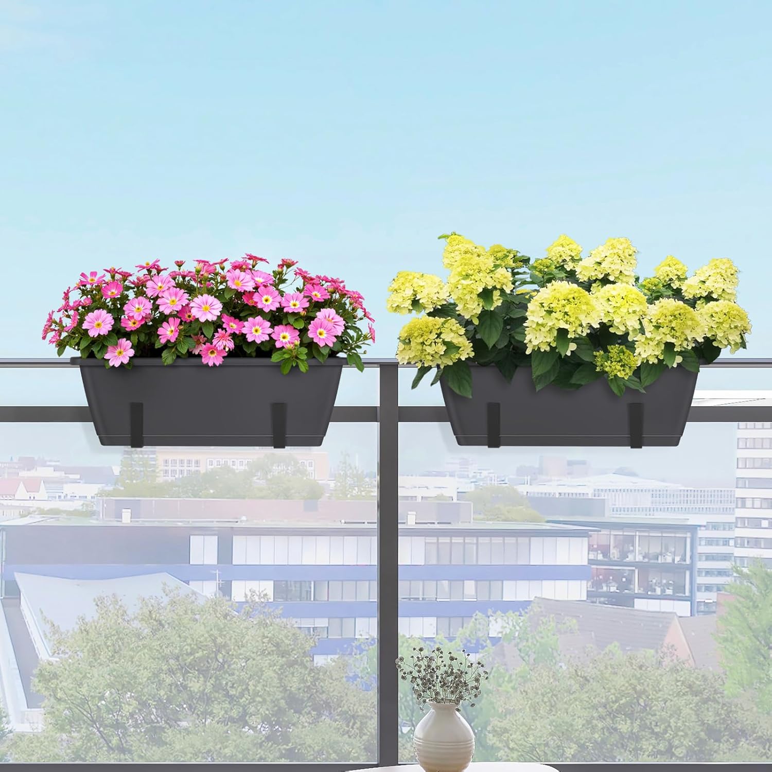 CADUKE Railing Planter Boxes 6 PCS, Planter Boxes with Adjustable Bracket, Deck Rail Planters for Outdoor Plants, Flower Pots for Balcony Garden Decor, Gray