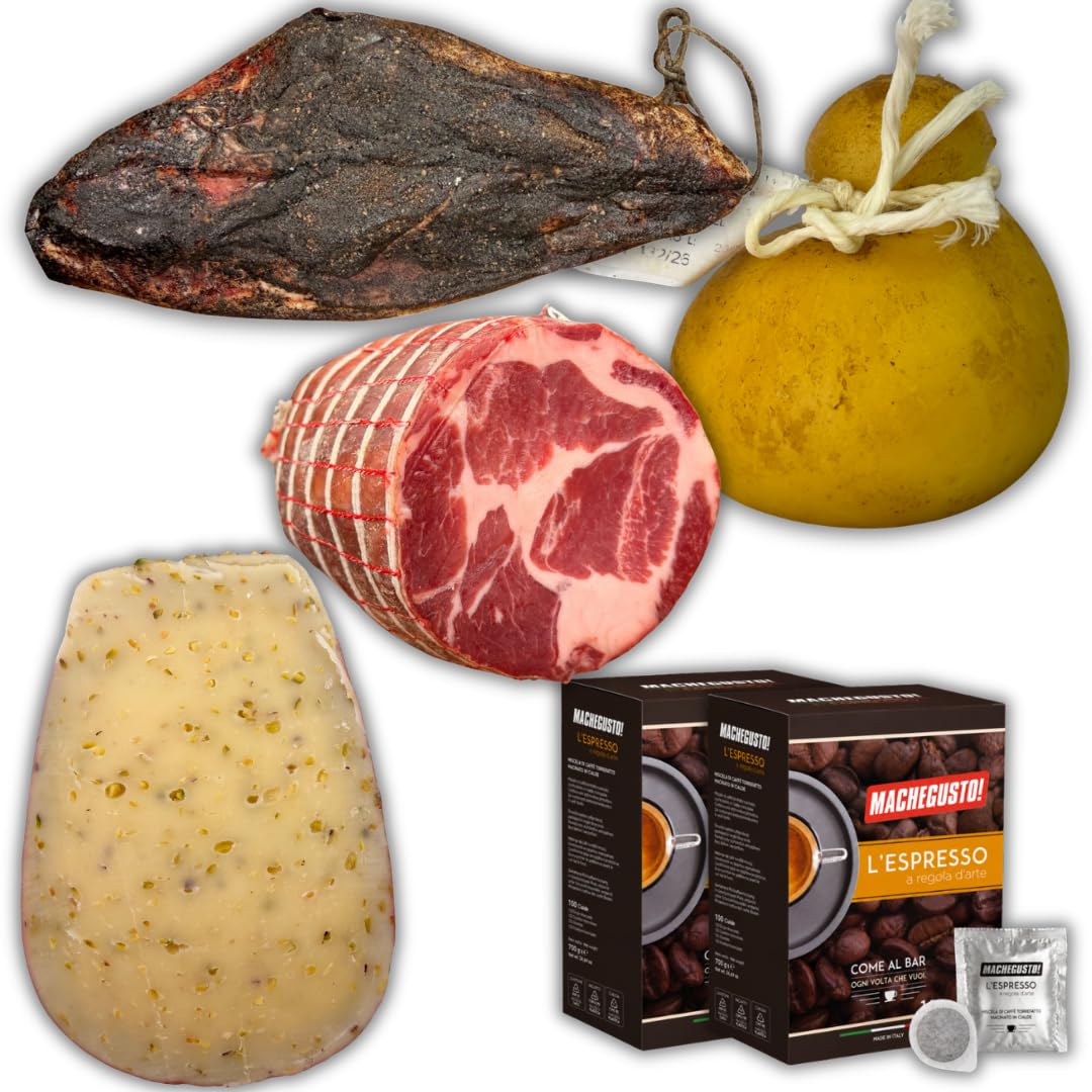 Machegusto! | Guanciale 600 g, Capocollo 700 g, Caciobufala mit Pistazien 500 g, Caciocavallo 700 g & 2x Kaffee | Italienische Feinkostbox | 2,50 kg