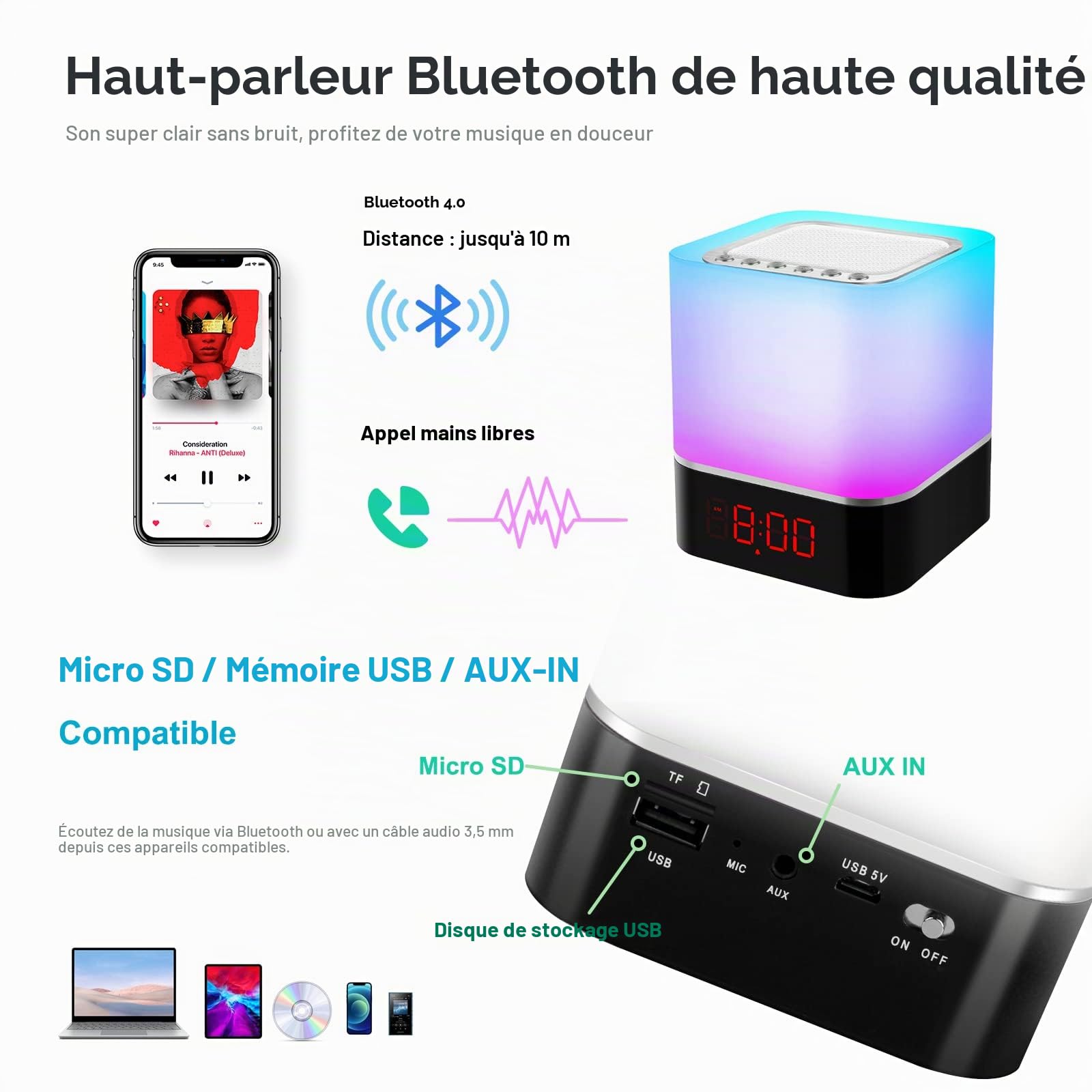 Réveil Lumineux Enceinte Bluetooth Portable 5 en 1, Lampe de Chevet Bruit Blanc Bebe, Veilleuse Multicolore Tactile