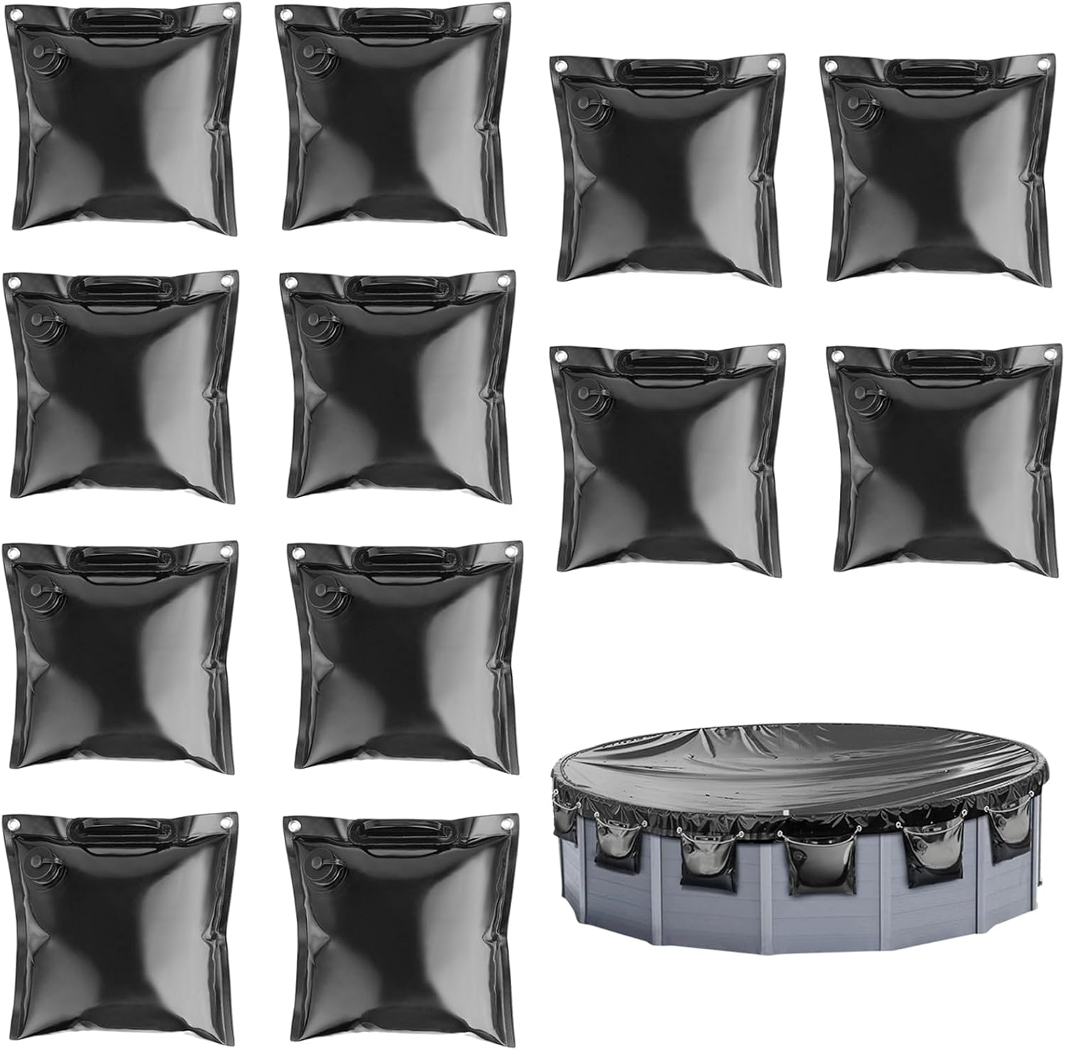 Abimars 0.7mm Thicker Pool Cover Hanging Water Bag with Install Handle, 12 Pack 1313 Water Weight Bags for Above Ground Pools, 3-Layer Composite Material Winter Water Tube