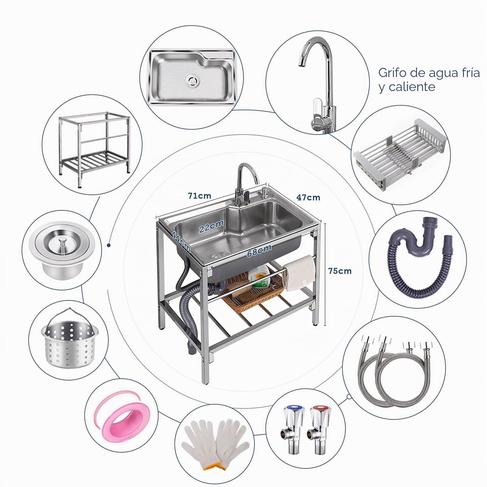Fregadero de acero inoxidable Fregadero de utilidad independiente para lavandería Lavadero de tazón único Lavabo comercial para restaurante Fregadero de cocina al aire libre con grifo