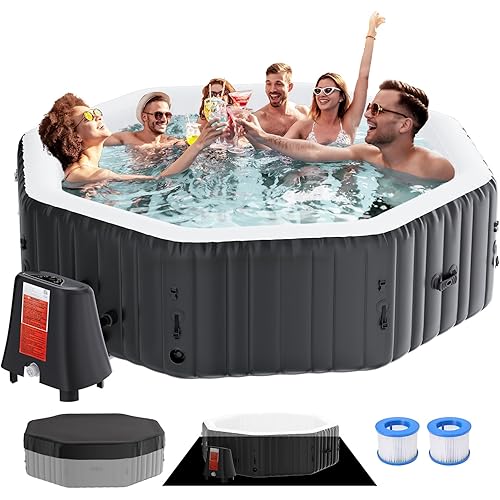 Inflatable Hot Tub, 4-6 Person Large Polygon Blow Up Portable Hot Tub, Leak-Proof PVC Outdoor Spa with 130 Air Jets, Heater Pump and Insulated Cover, 77” X 77”X 25”