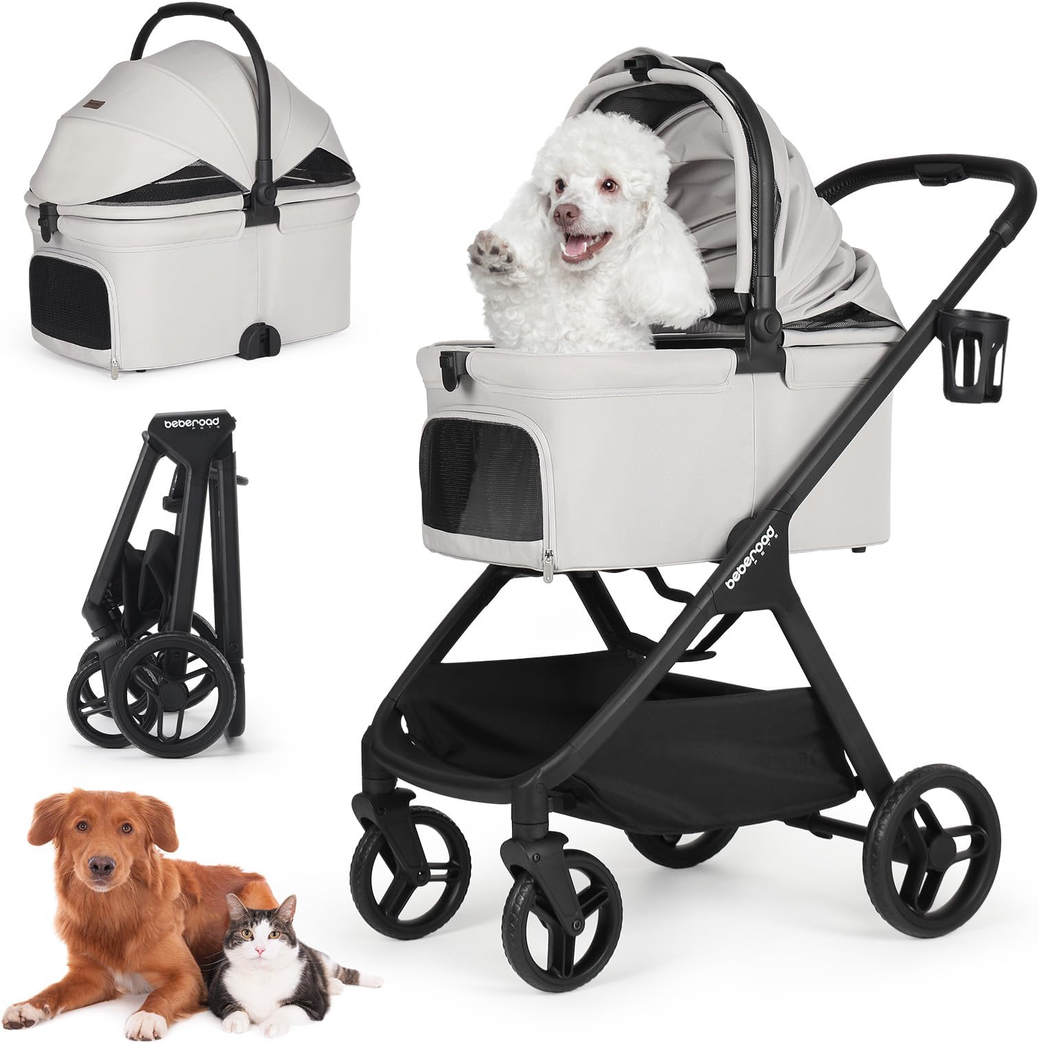 Beberoad Pets X-5 Pet Stroller for Medium Dogs Under 25kg or 2 Small Dogs and Cats, Foldable and with Carry Bag - Removable Grey Hood and Cup Holder (Grey, X5)