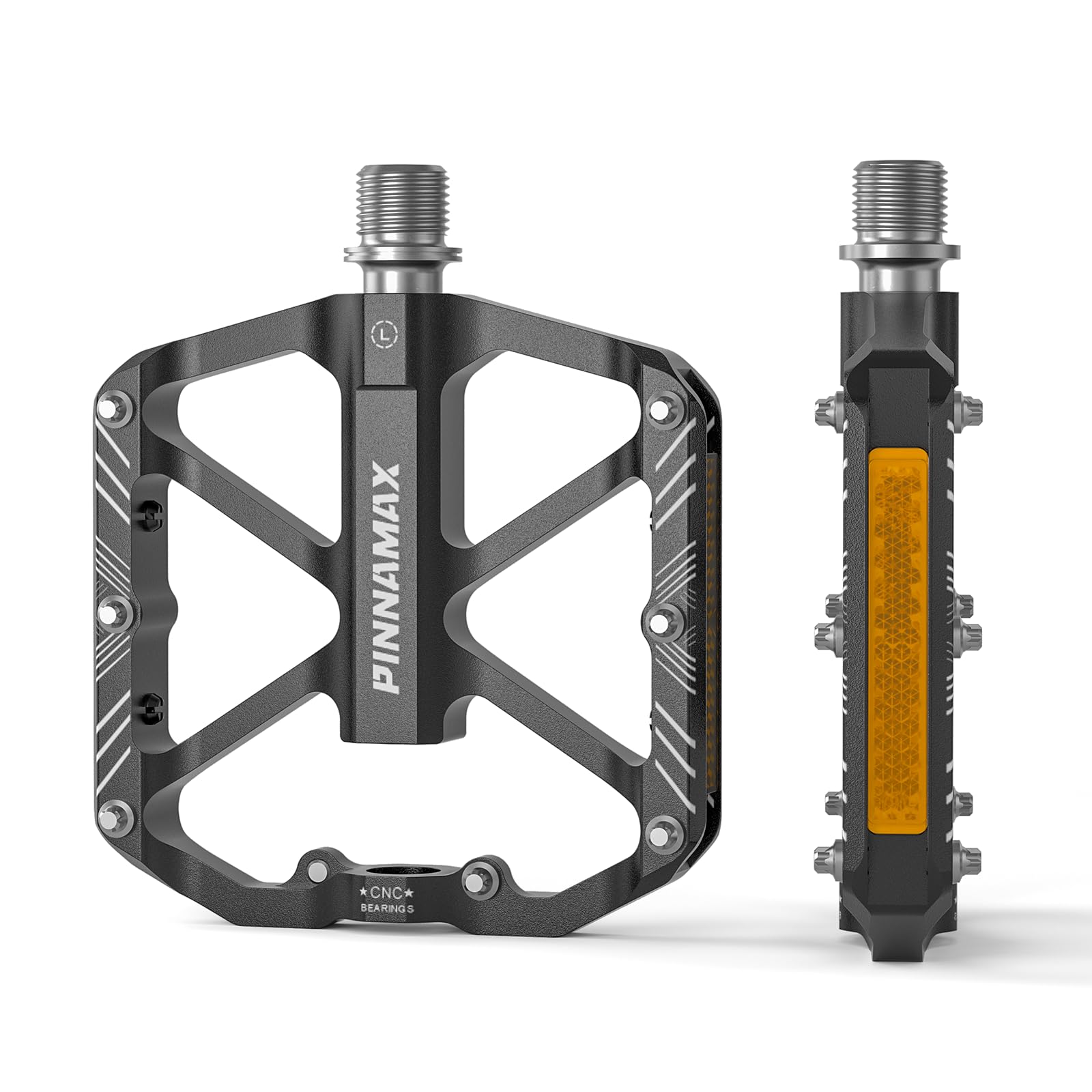 PINNAMX MTB Pedals Bicycle, CNC Aluminium Bicycle Pedals, Non-Slip with Reflective, 3 Sealed Bearings, 9/16 Inch Flat Pedal for Road Bike, Mountain Bike, Gravel Bike (Black)