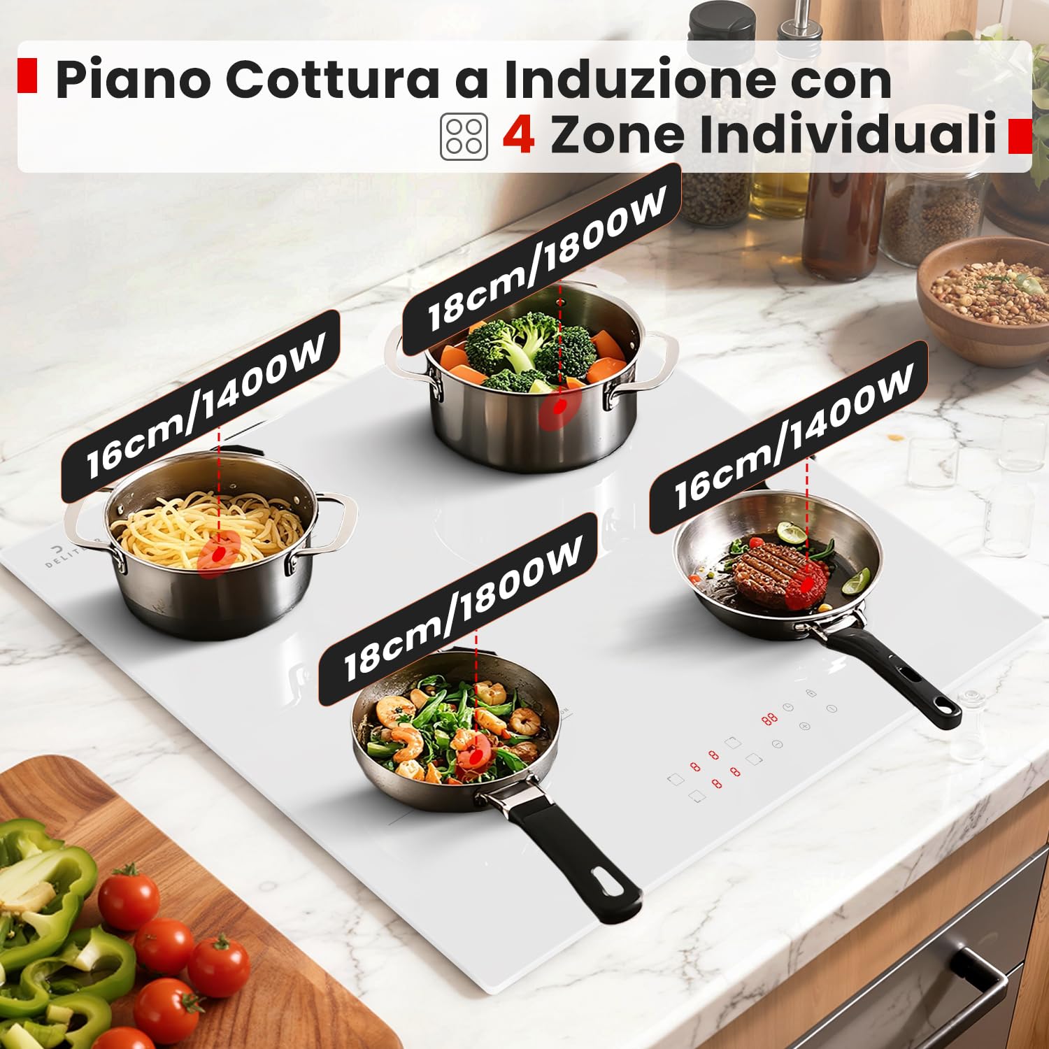 Piano Cottura a Induzione Bianco 4 Fuochi con Spina, Piastra a Induzione da Incasso 60CM, 3500W, Funzionamento Touch, Blocco di Sicurezza, Protezione da Surriscaldamento, 220V