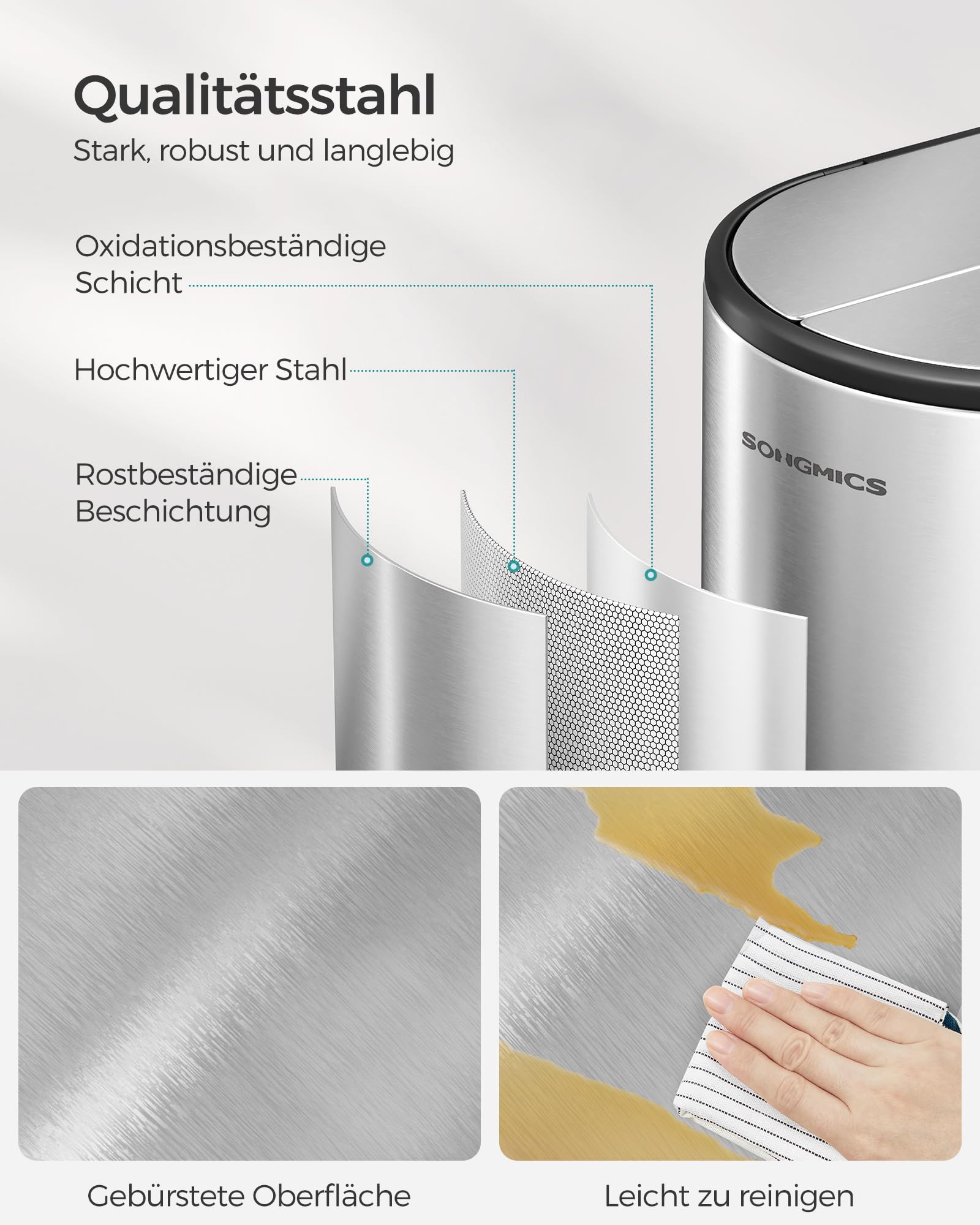 SONGMICS Mülleimer Küche, Mülltrennsystem 2 Fächer, 30 L und 20 L, schmaler Abfalleimer, Treteimer für Recyclingmaterialien und Abfall, mit 2-teiligem Deckel, metallicsilber LTB570E50
