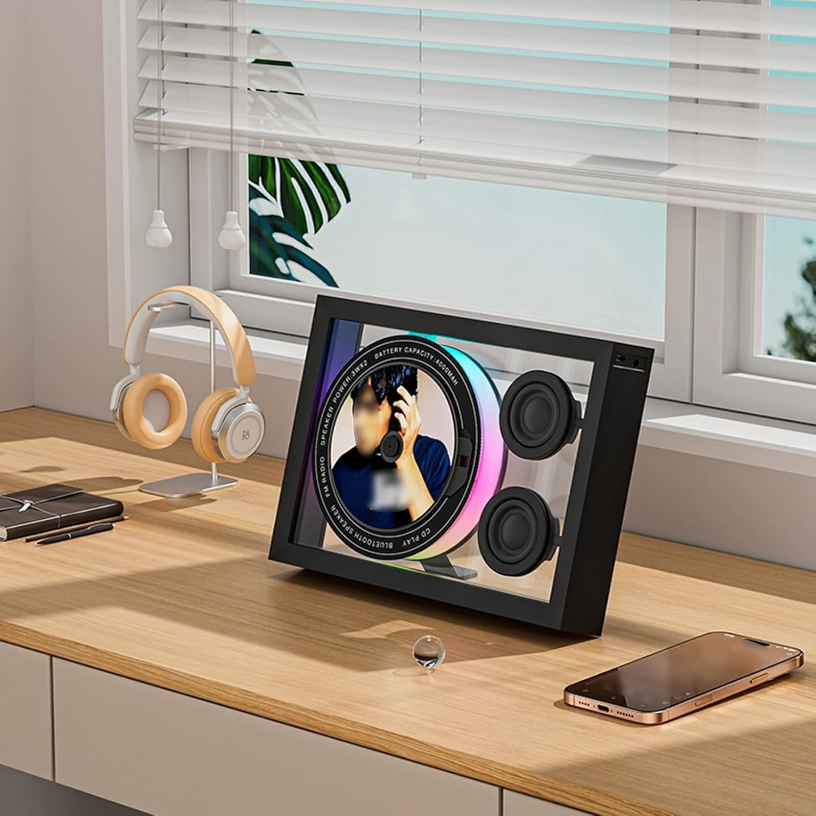 Lettore CD Bluetooth montabile a parete, cornice musicale con diverse modalità di riproduzione, 4 luci ambientali, 3 opzioni di posizionamento, decorazione per casa/parete