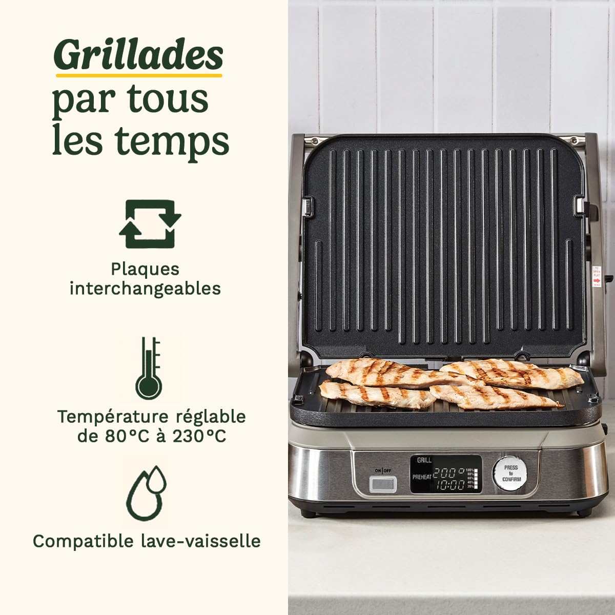 Cuisinart 6-en-1 Grill, Griddle & Gaufrier Grill de contact, Griddle, Plaques à gaufres | Plaques réversibles antiadhésives | Affichage numérique | SearBlast® | Charnière réglable
