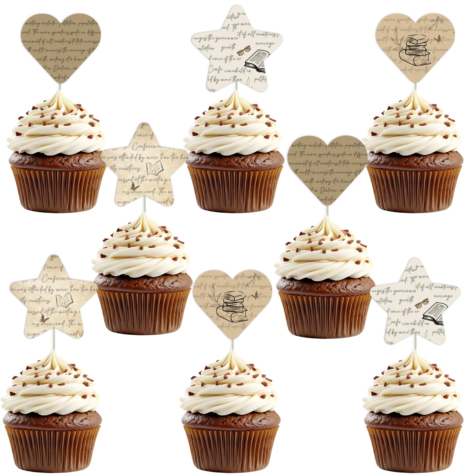 Funmemoir Vintage Book Themed Party Decorations - 24PCS Book Club Cupcake Toppers, Newspaper Library I Love Reading Books Lover Classroom School Home Birthday Party Baby Shower Cake Decor