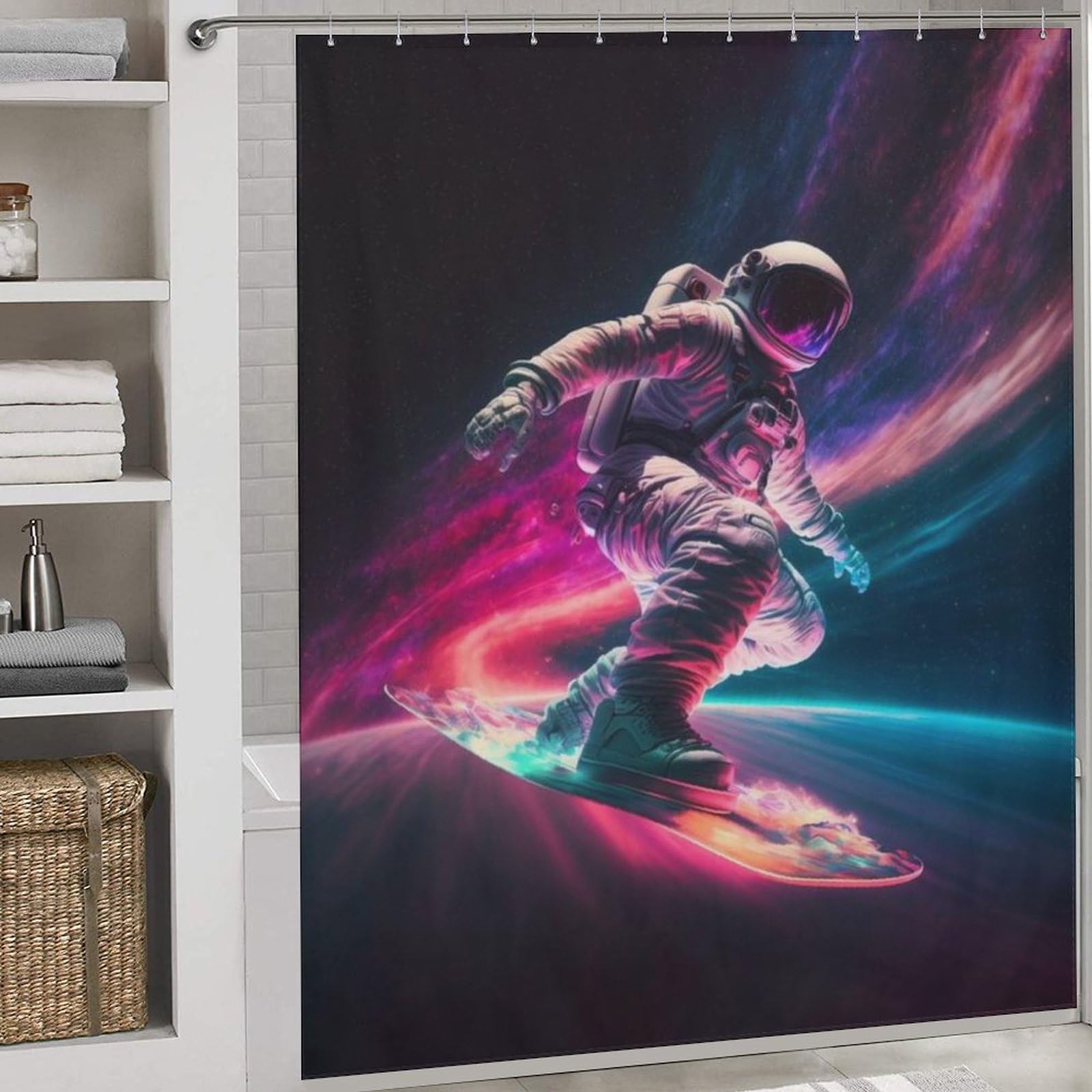 Rideau de douche astronaute 183x183 cm en tissu polyester lavable pour baignoire d'angle