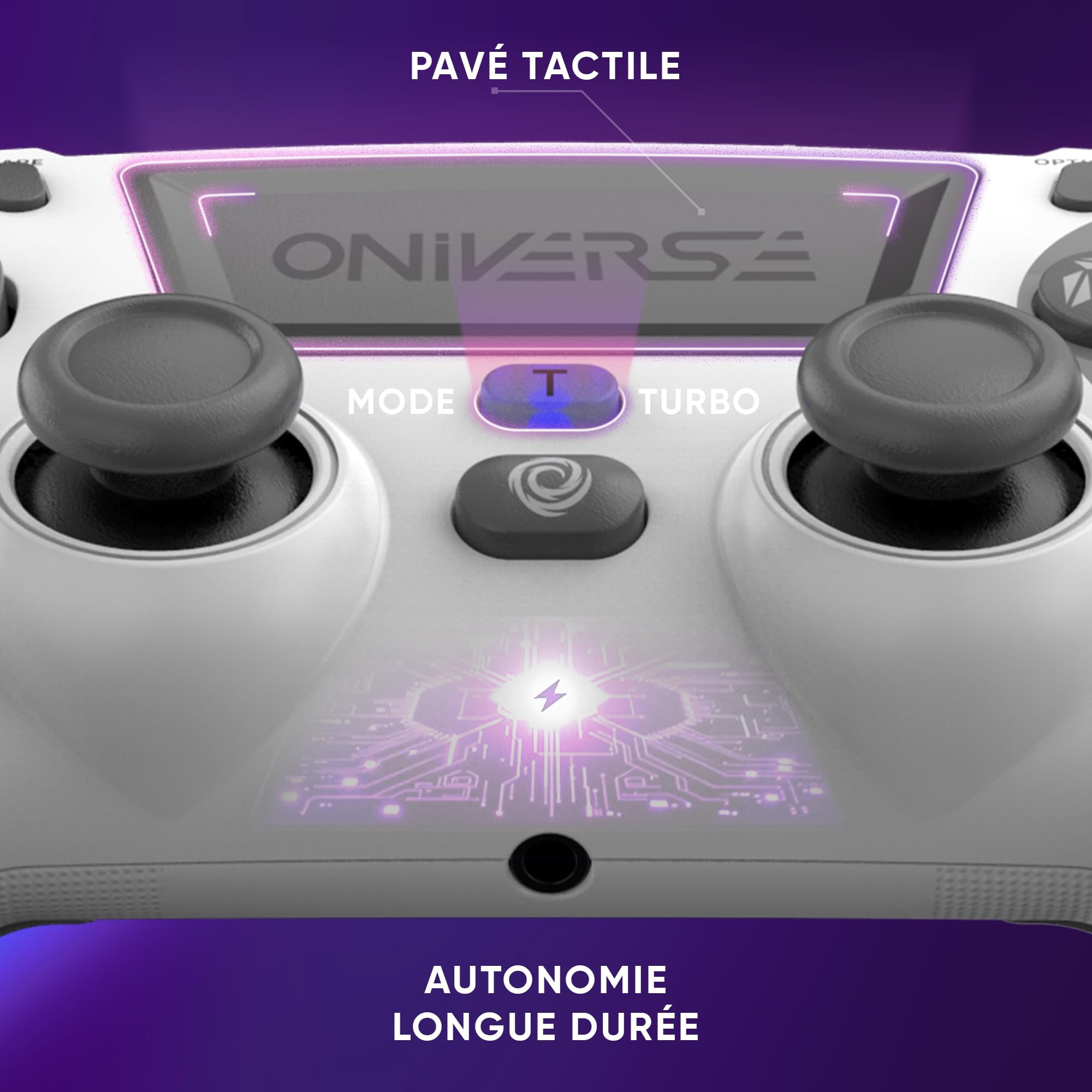 Manette sans fil pour PS4 PS3 PC ANDROID iOS, Sortie Casque, Joystick Hall Effect, Batterie Rechargeable 1000mAh, boutons macro, mode Turbo, Wake up, Gyroscope 6 axes, Revolt Moon White