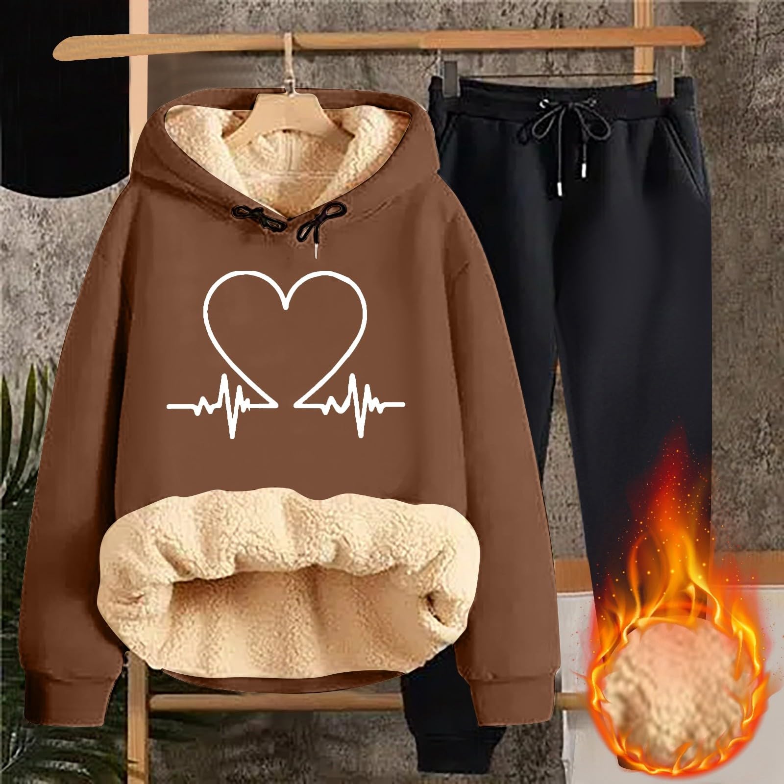 Damen I Winterflor Verdickter Warmer Einfarbiger Strickjacke Sorbet Mit Kapuze Sweatshirt Jacke Hose Zweiteiliges Set