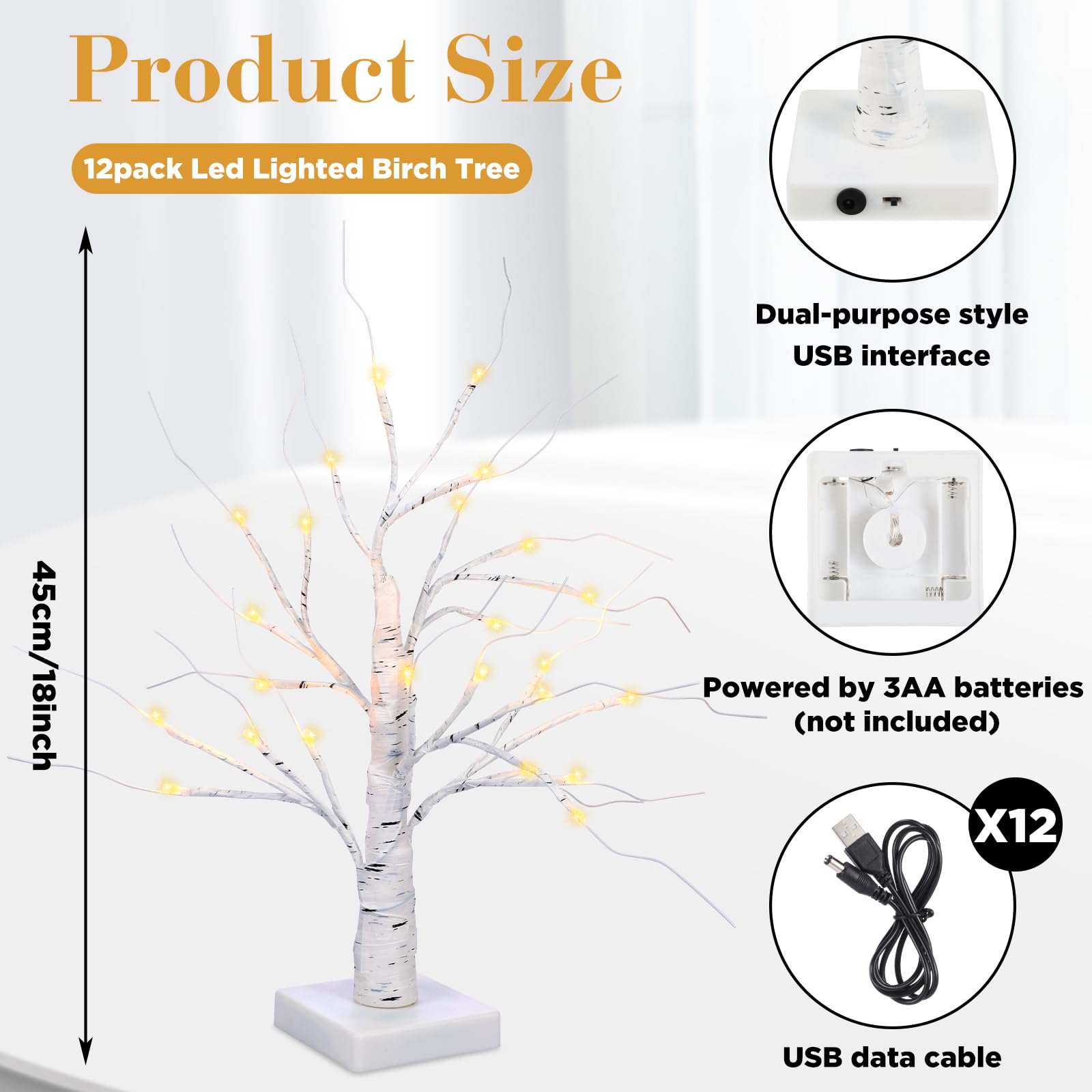Macarrie Lighted Tabletop Valentine Tree LED Birch Tree Light up White Home Decoration Gifts for Women Artificial Battery Powered or USB Twinkling Fairy Branch for Birthday Wedding(18 Inch, 12 Pcs)