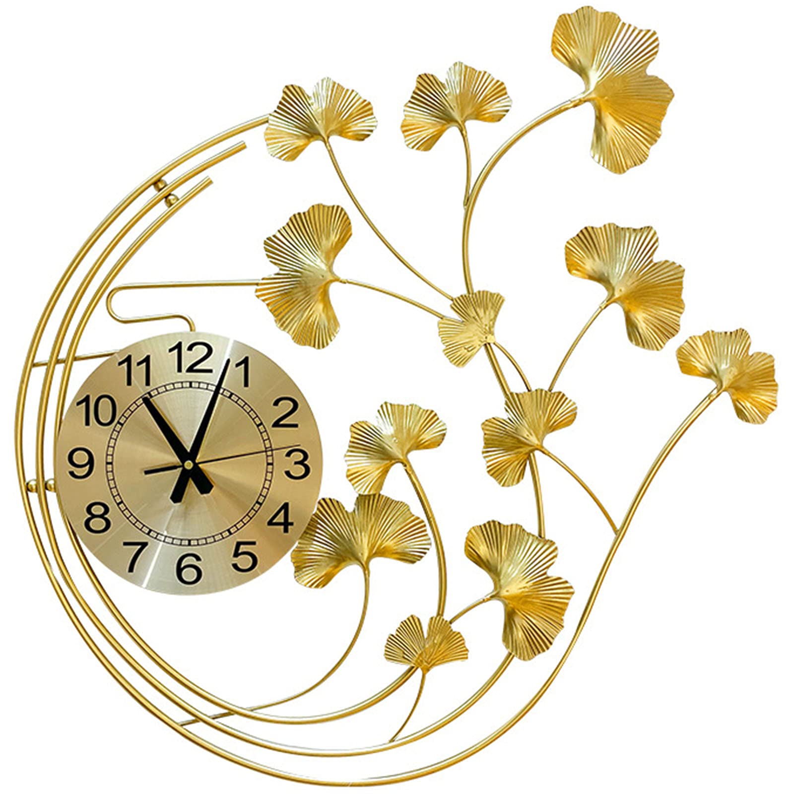SaryEdge t Wall Clocks, Large Ginkgo Leaf Pattern Silent Non Ticking Quartz Decorative Clock, Creativity 3D Art Metal Wall Watches for Living Room & Bedroom,Gold,65X60CM,