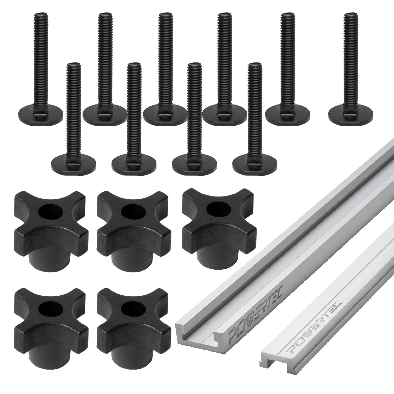 POWERTEC32" Table Saw Miter T-Track Kit – Includes T-Bar, 5pcs T Knobs & 10pcs 5/16"-18, 2" Long Miter T Slot Bolts | Miter T Track Accessories for Table Saw & Router Table (72194)