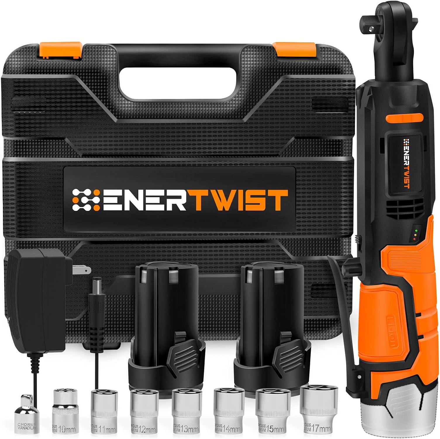 ENERTWIST Cordless Electric Ratchet Wrench Set, Upgraded 3/8" 12V Power Ratchet Tool Kit with 2.0Ah Lithium-Ion Batteries, Fast Charger, 7-Pieces 3/8 Inch Metric Sockets and 1/4โ Adaptor, ET-RW-12Bโฆ