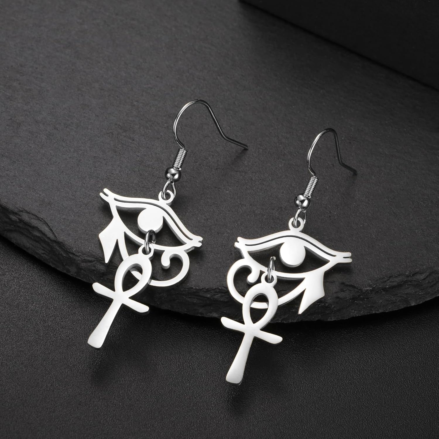 Eye of Horus Ankh Earrings for Women Stainless Steel Ancient Egyptian Eye of Horus with Ankh Cross | Double Wing Dangle Earring Protection Jewelry - Image 4