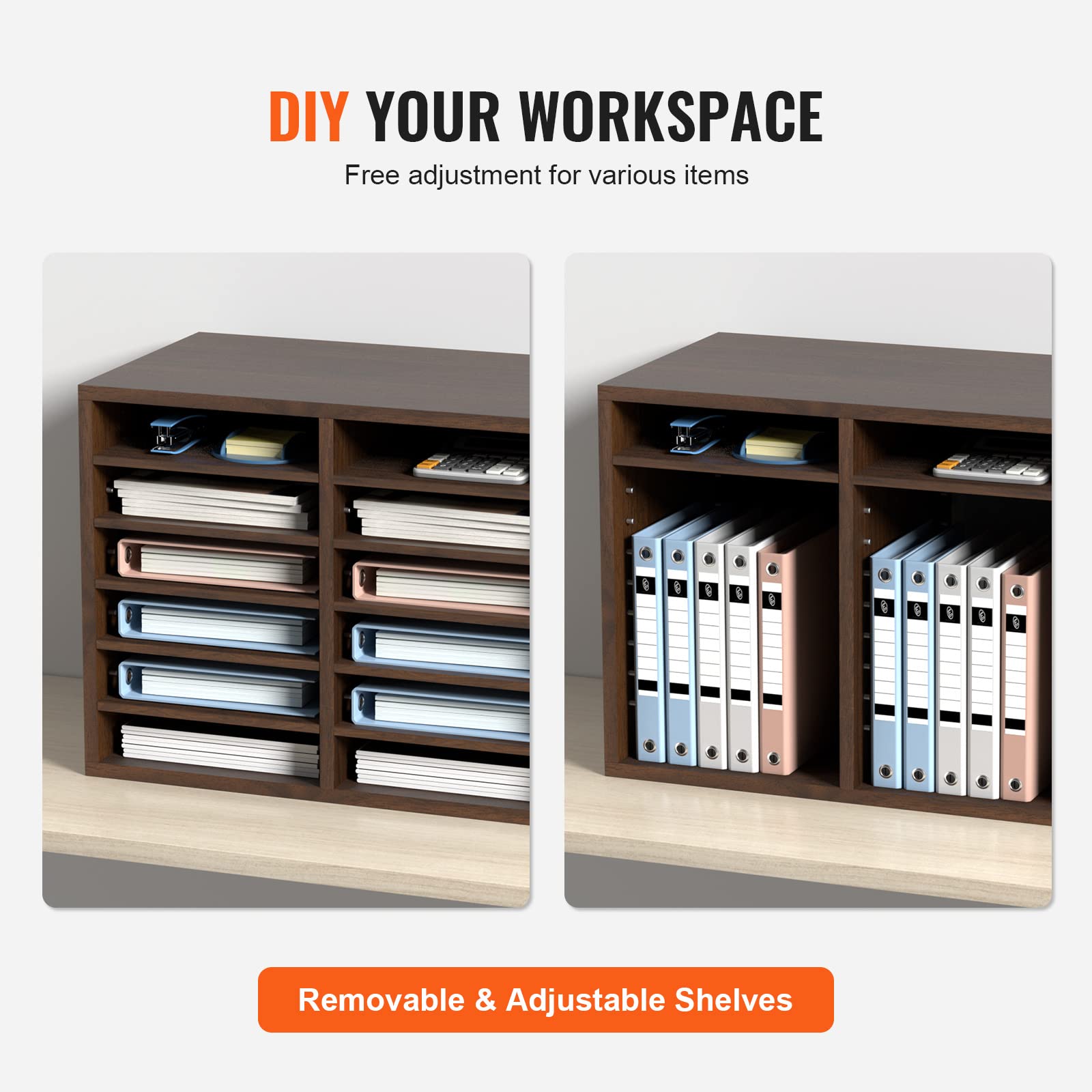 VEVOR Organizador de Literatura de madera Aglomerado Estante de Almacenamiento de Documentos de 12 Compartimentos 52x30,5x41 cm Clasificador de Literatura con Estantes Ajustables para Oficina, Marrón