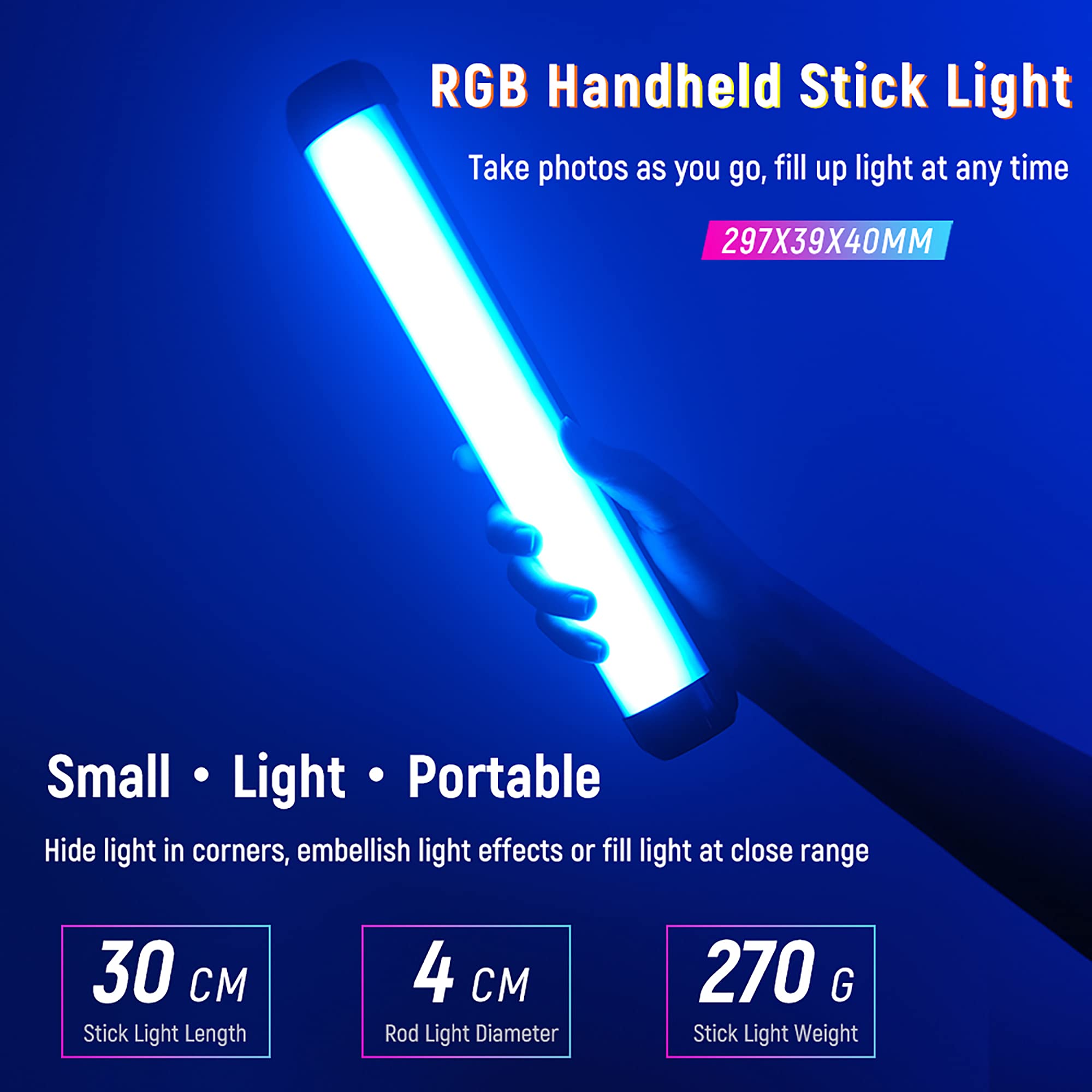 Weeylite K21 Varita de luz LED RGB de Mano, Barra de luz de Video LED RGB magnética con batería de 2500 mAh/Control de aplicación/360° a Todo color/2500K-8500K/pantalla OLED para TikTok,Vlog,Youtube