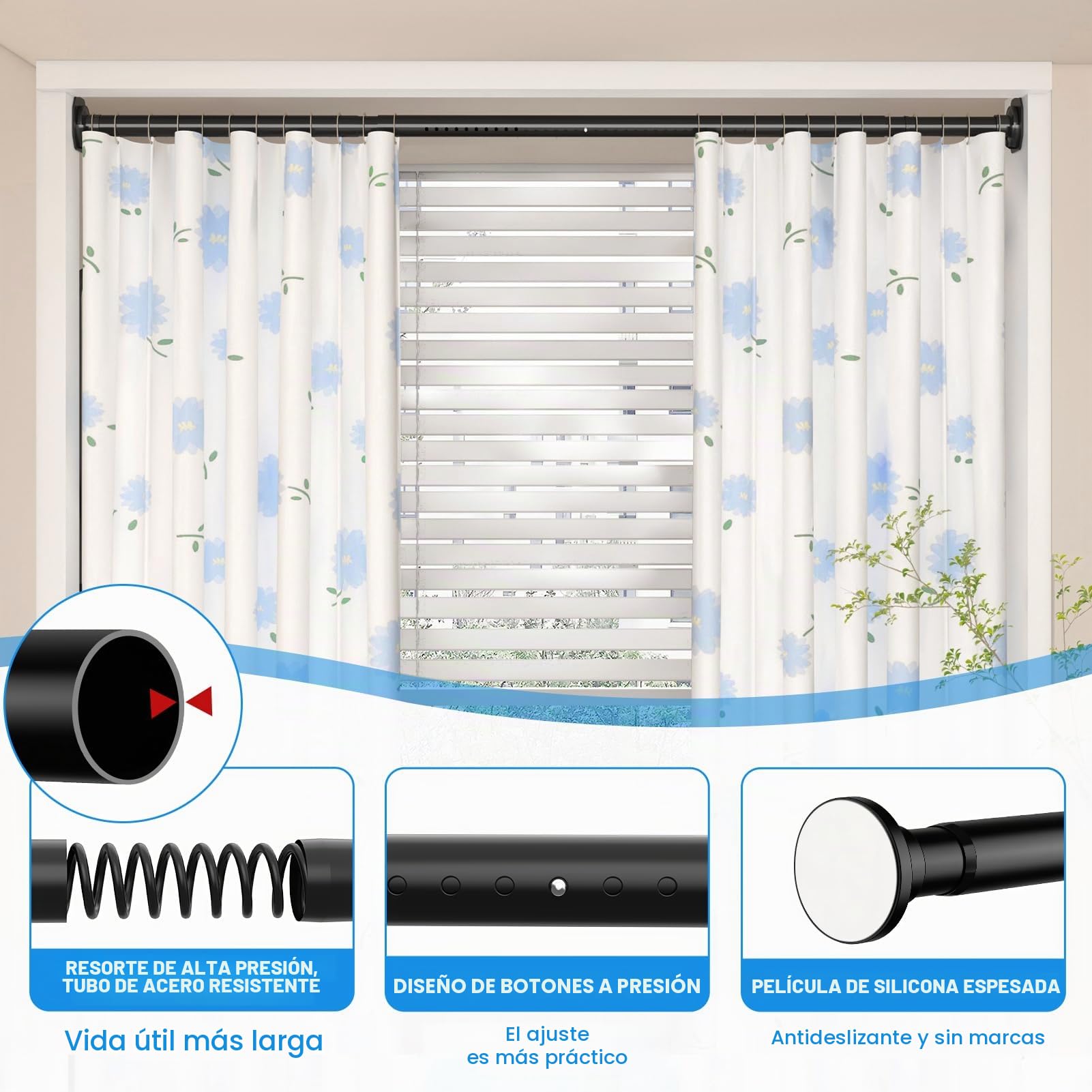 WELDUN Barras de cortina extensibles de 98 a 290 cm, sin taladrar Φ32 mm, incluye 2 bases de pared, barra telescópica de metal para baño y ventana, color negro