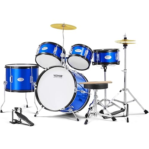 VEVOR 5-Piece, 16 in Beginner Full Set with Bass Toms Snare Floor Adjustable Throne Cymbal Hi-Hat Pedal and Two Pairs of Drumsticks, Starter Drum Kit for Child Kids, Blue (SH-002-BL)