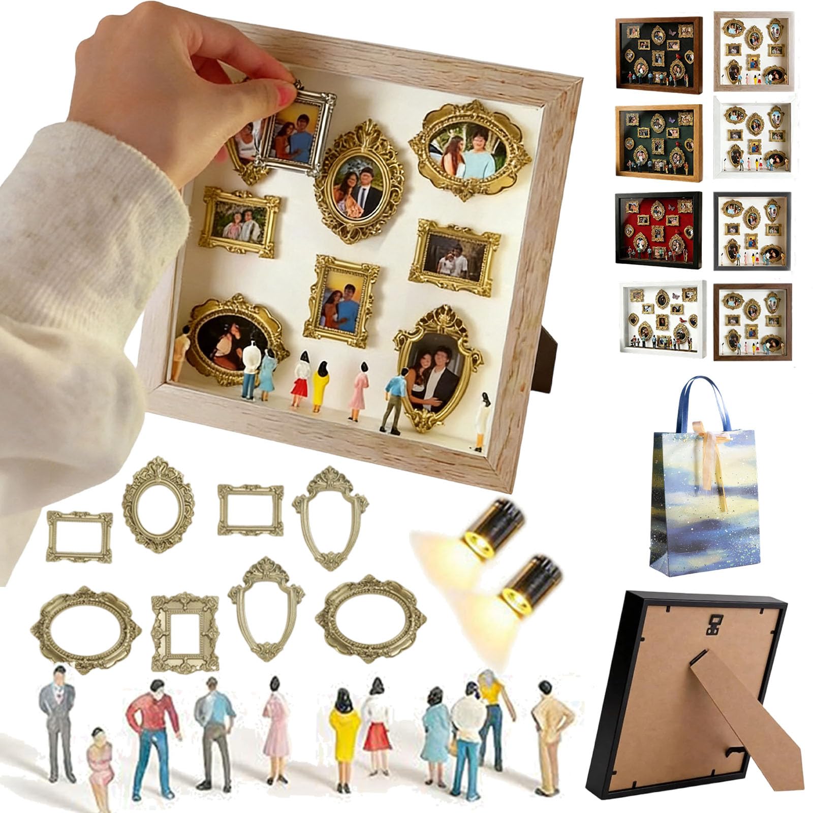 DIY Mini Museum Silhouette Box with Light, Create Your Own Museum of Memories, Museum of Us Box, Personalized Shadow Box Frame Kit with Gold Frames & Figurines Wall or Table Decor (B#,8 frame)