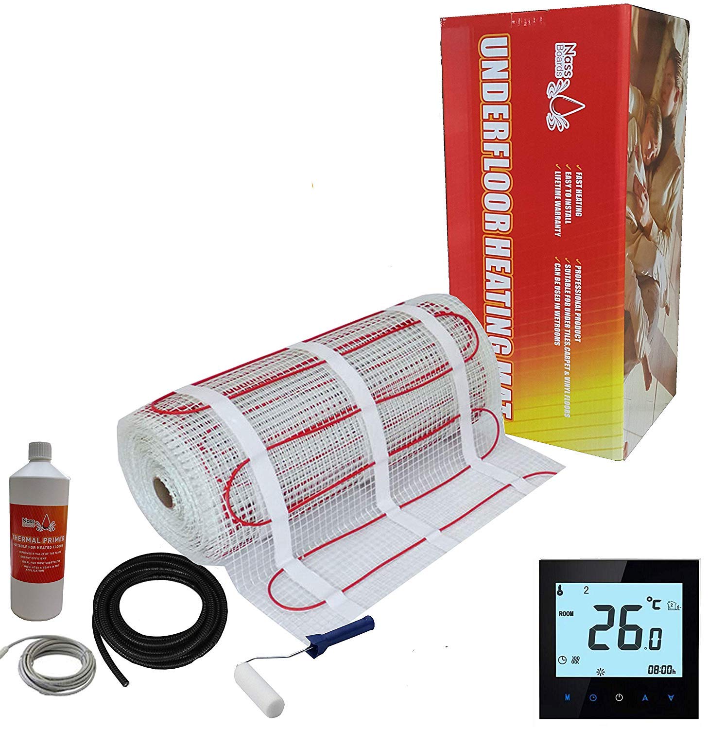 NassboardsPremium Pro Electric Underfloor Heating Mat Kit 200w - 1.5m² - Featuring Intelligent Control Black WiFi Enabled Beca Thermostat Compatible with iPhone, Android, Alexa, Google Home and Siri