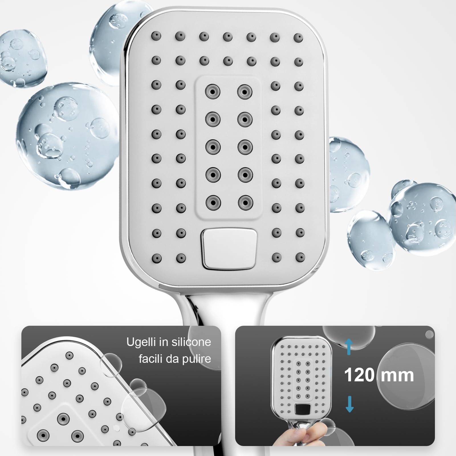 OFFO Soffione Doccia, Doccino per Doccia con 3 Modalità di Getto,Soffione Doccia Grande per Il Risparmio Idrico, Doccetta per Il Bagno, Copertura Grande, Rettangolare 12x9cm, Cromo