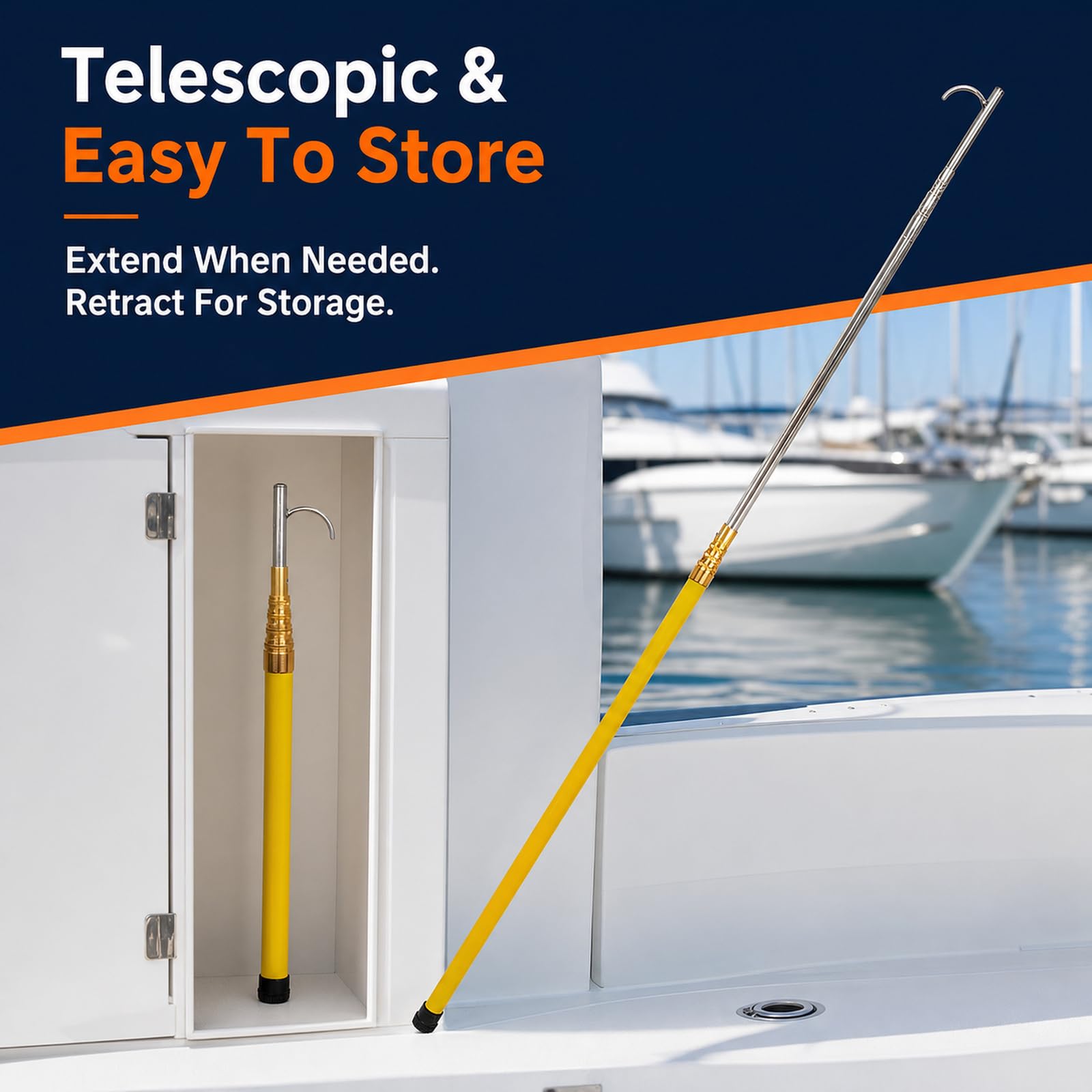 Mezzos Marinaio Telescopico Nautico,Asta Telescopica per Gancio da Barca,Mezzos Marinaio Telescopico,Design Telescopico,Pratico da Riporre,per Yachts,Cimes D'Ormeggio