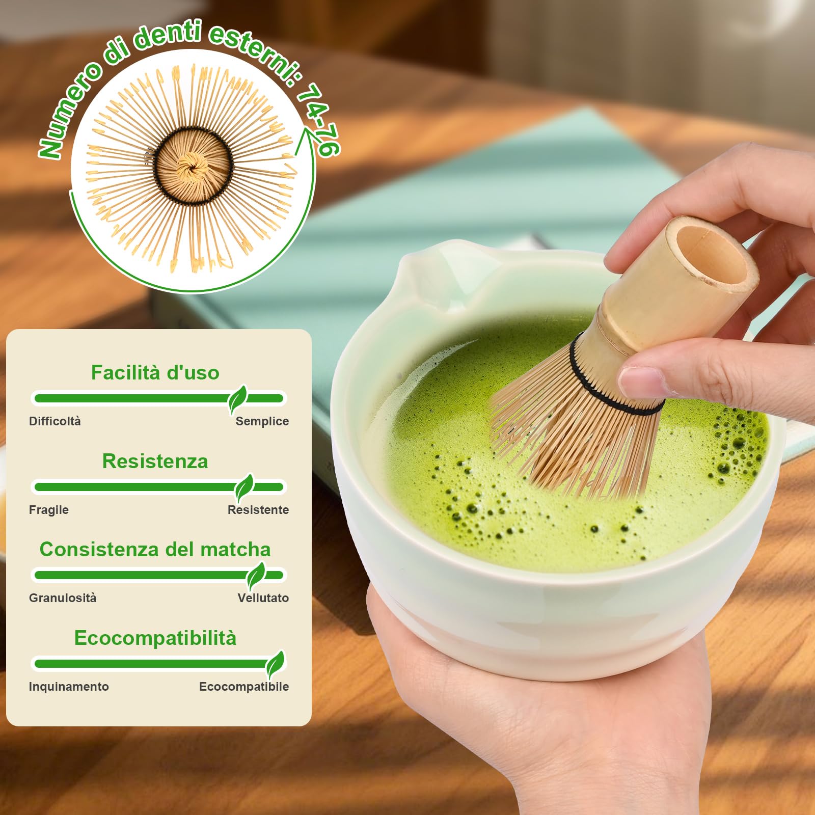 5 Set Matcha,Matcha Cerimoniale,Matcha set da tè matcha,con Frusta Matcha in bambù cucchiaio ciotola e supporto,regalo per gli amanti del matcha Verde a Gradiente