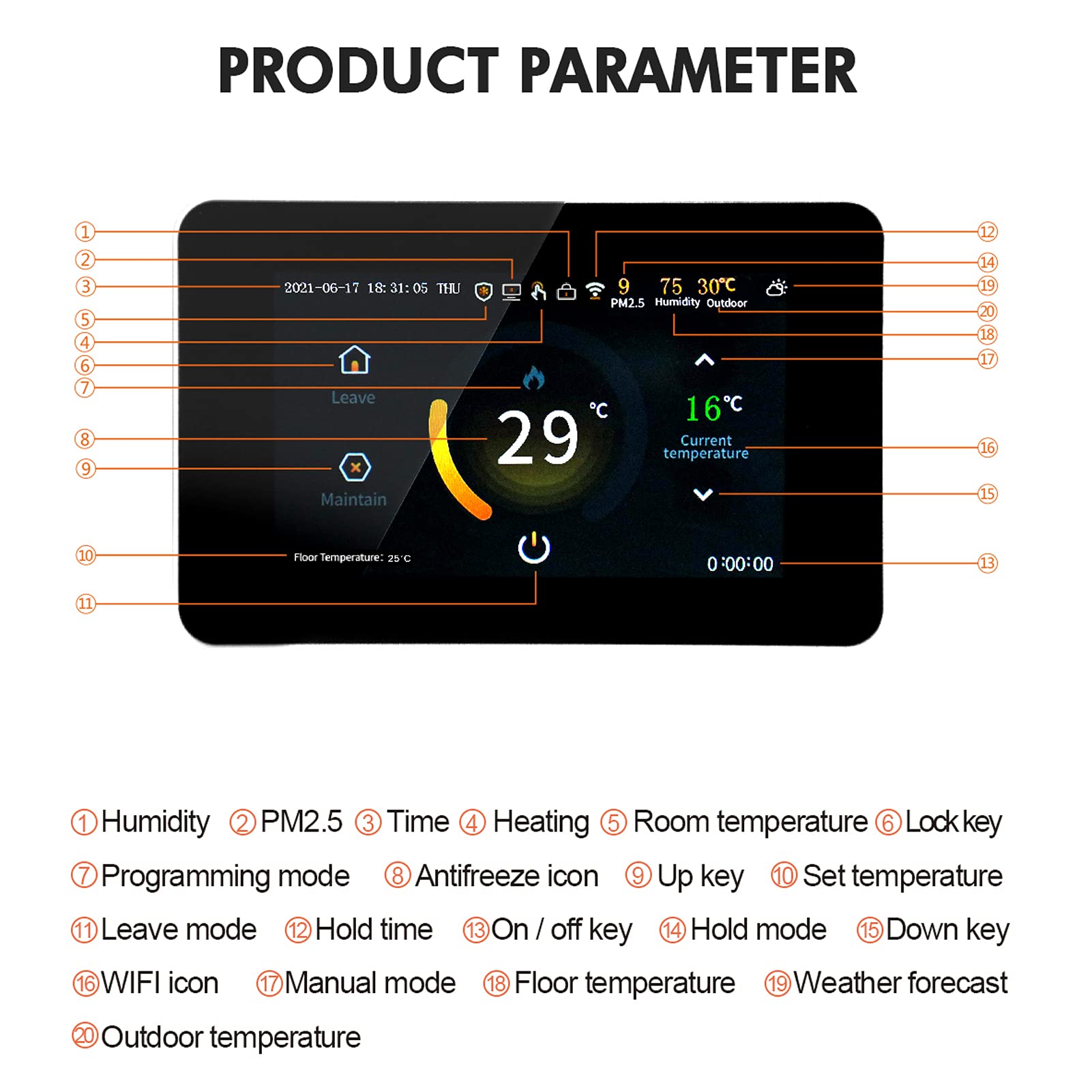 Digital Raumthermostat Fußbodenheizung WiFi Smart Thermostat, 4,3 Zoll LCD-Touchscreen, Wöchentlich Programmierbar, Wetteranzeige, Kompatibel mit Google Home/Alexa, APP Fernbedienung