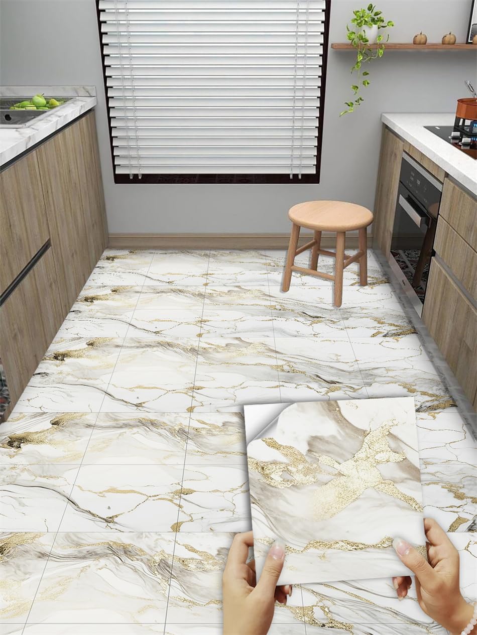Stick On Gold Marble Tile Stickers,Light,Marble Self-Adhesive Vinyl Tiles - Waterproof & Oilproof, 10 PC (10x10cm) - Ideal for Kitchen & Bathroom