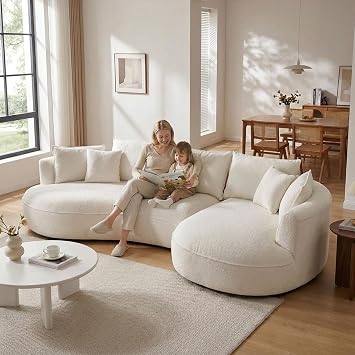 125" Curved Boucle Sectional Sofa, L-Shaped Couch, Beige