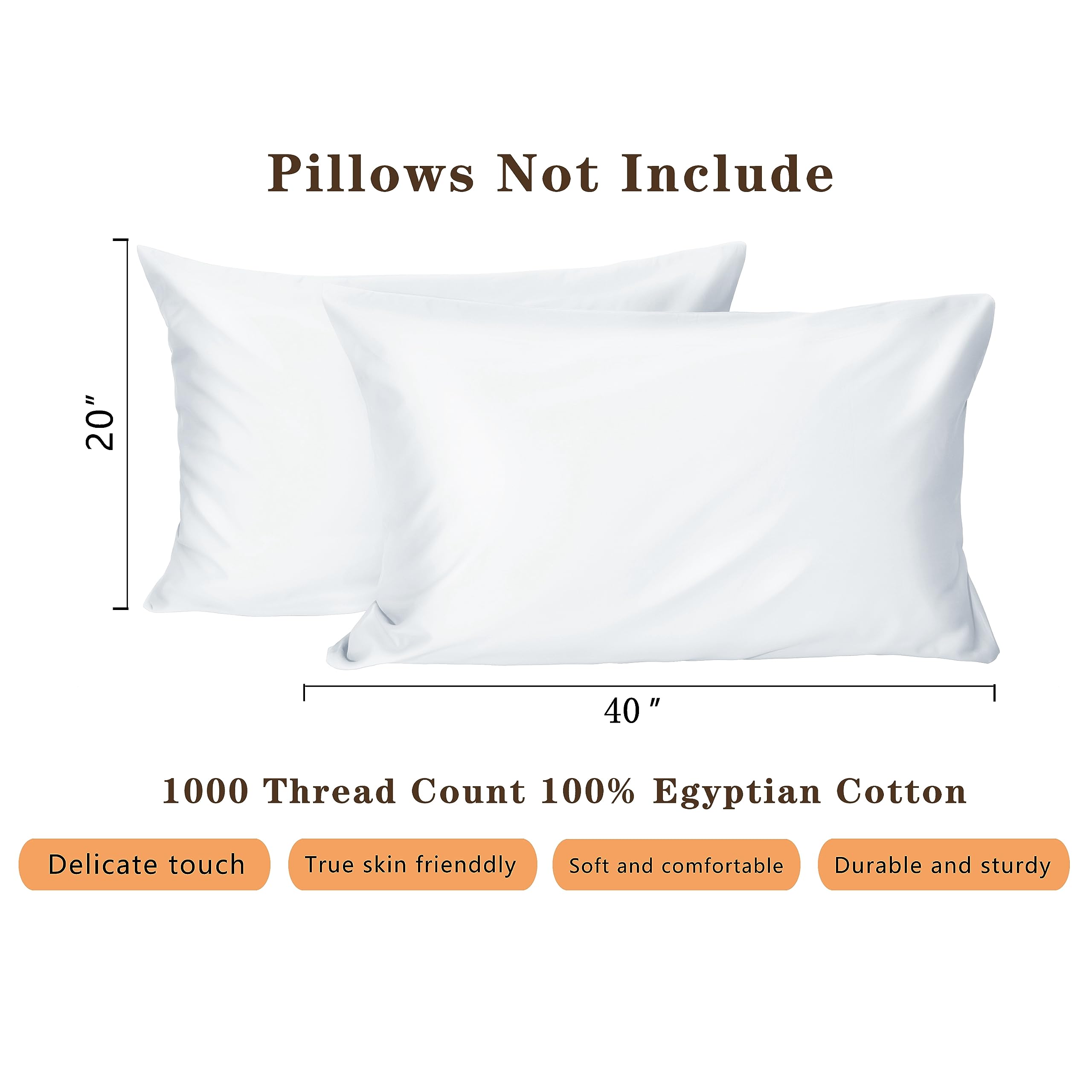 Federa per cuscino in 100% cotone egiziano a 1000 fili, per dormire, motivo satinato bianco, chiusura a busta, in seta, morbido copricuscino (2 pezzi, king size, 50,8 x 101,6 cm, bianco)