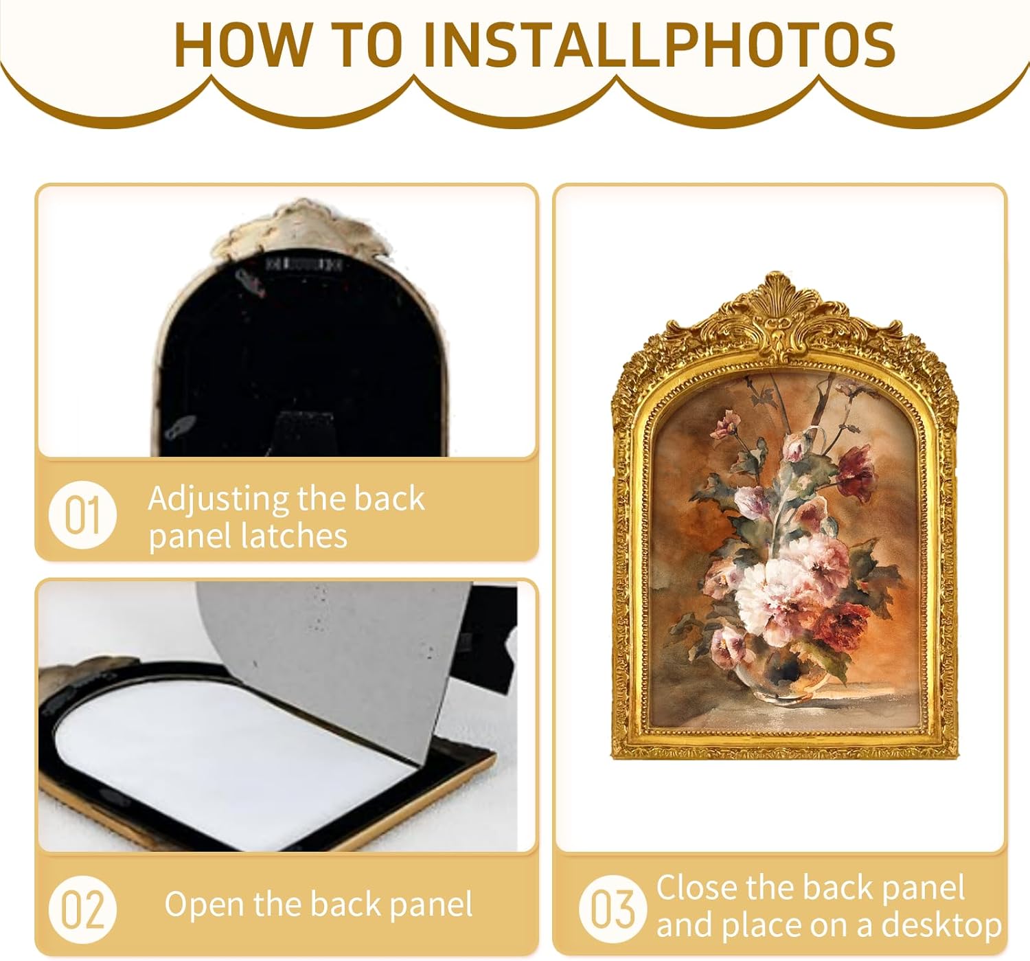 JINHUANG 6x8 Vintage Picture Frame, Elegant Antique Picture Frame with Glass Front for Tabletop and Wall Display, Decorative Vintage Home Decor, Vintage Gold Color