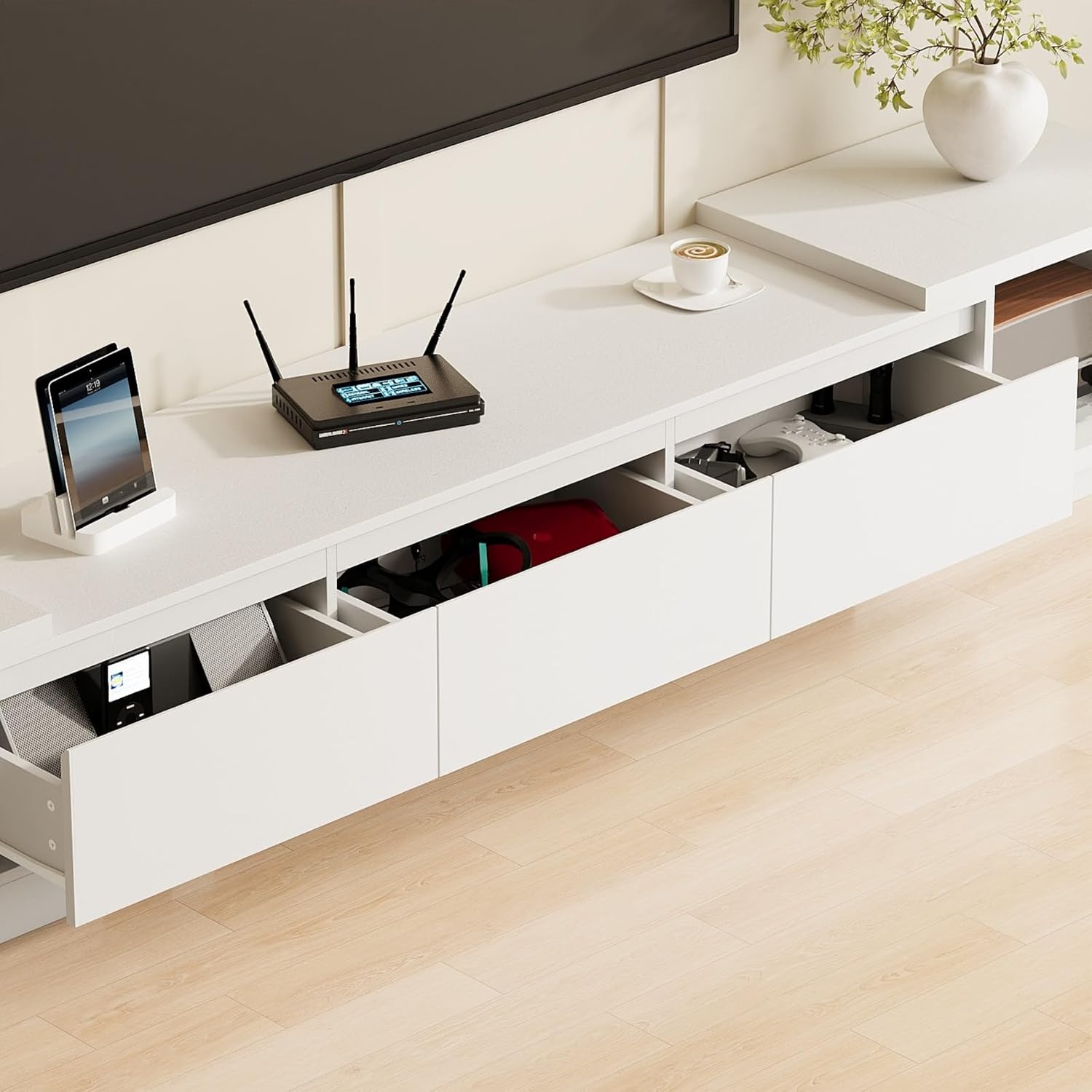 Extendable TV Stand with 3 Drawers, Modern TV Console with Hidden Handles, Contemporary Media Console Table with Open Shelves, White 65.4”-106.3”W x 15.7”D x 15.4”H