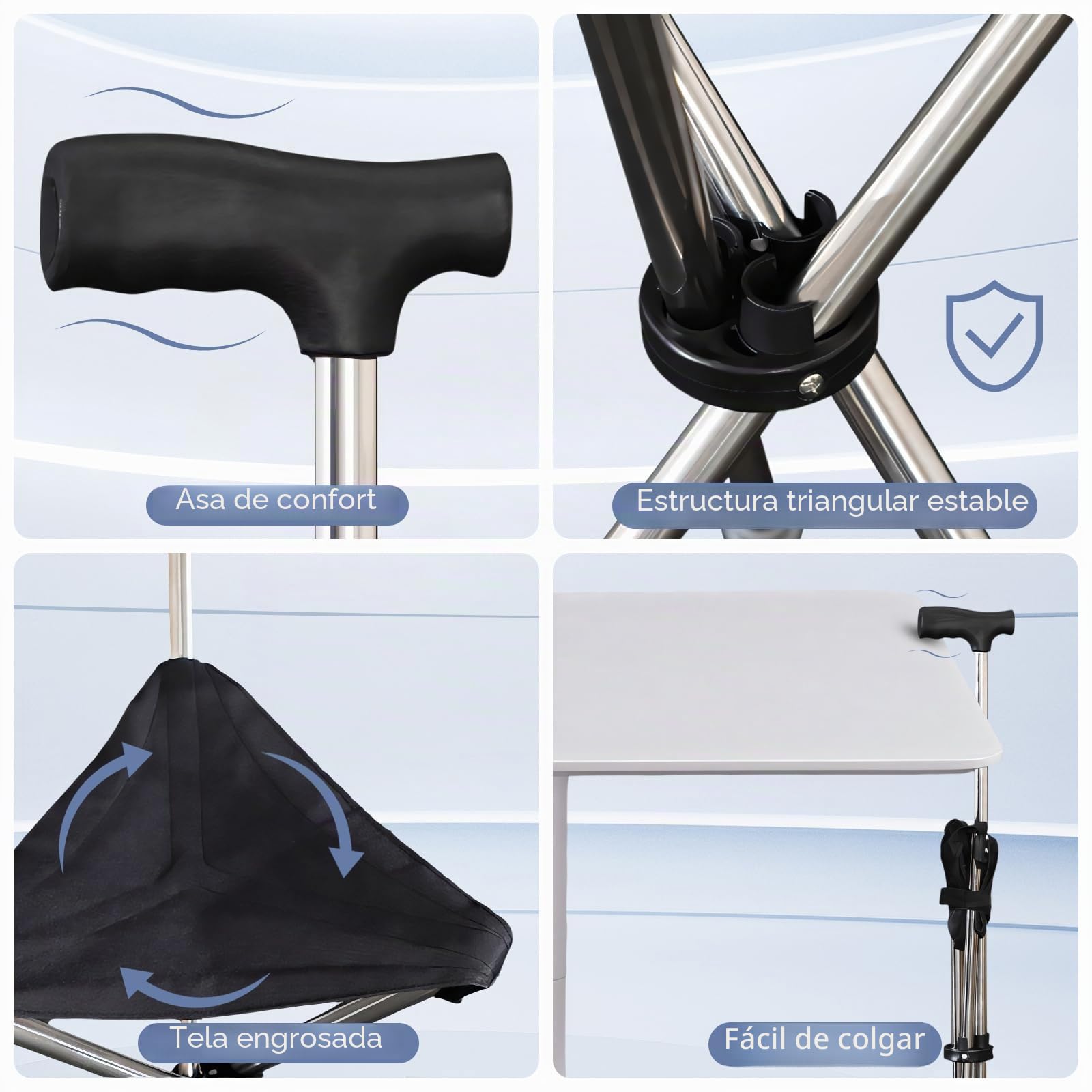 MagiDeal Bastón de trekking con asiento, taburete de trípode, taburete portátil independiente, silla de bastón plegable para acampar, mujeres y personas