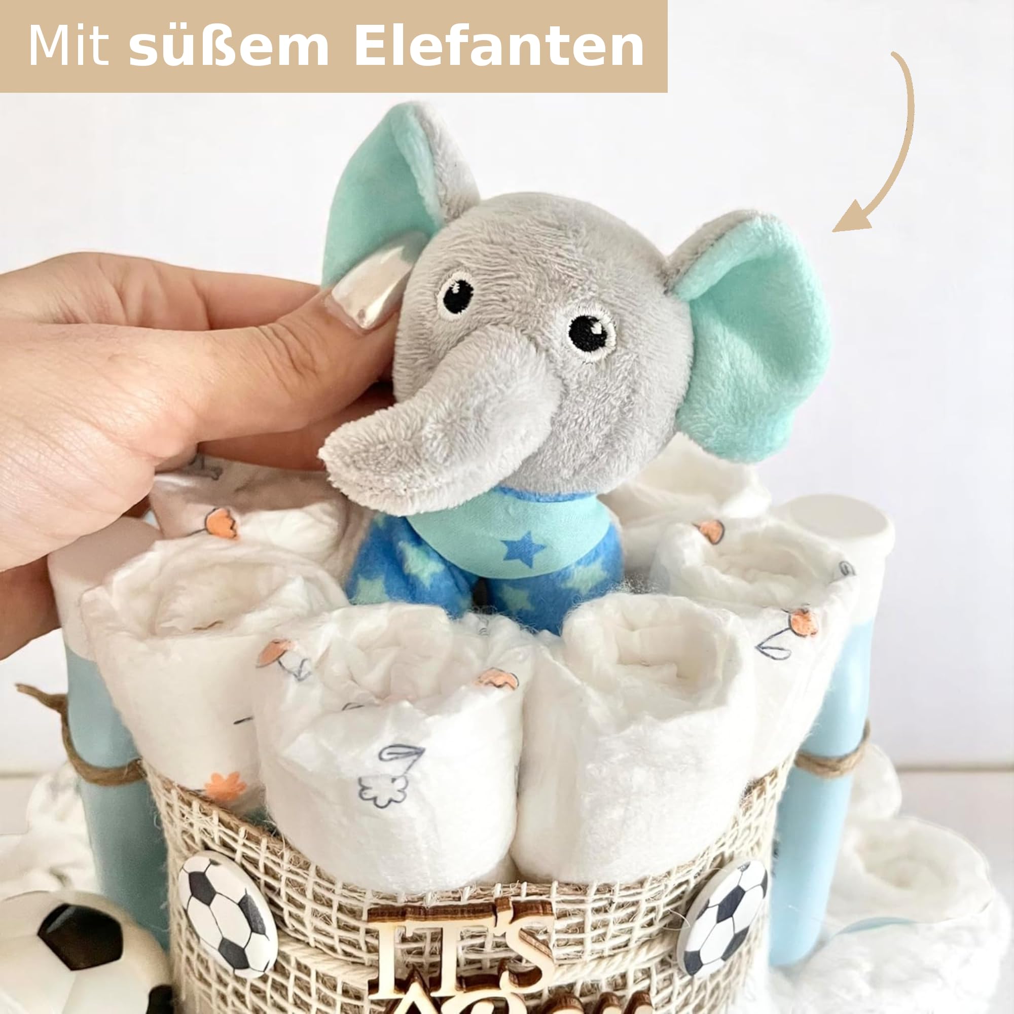 Windeltorte Fußball mit Elefant Socken Schnuller Löffel und mehr, für Jungen & Mädchen, Babytorte für Babyparty Babyshower Gender-Reveal, Namen personalisierbar, Baby Party Deko Dekoration