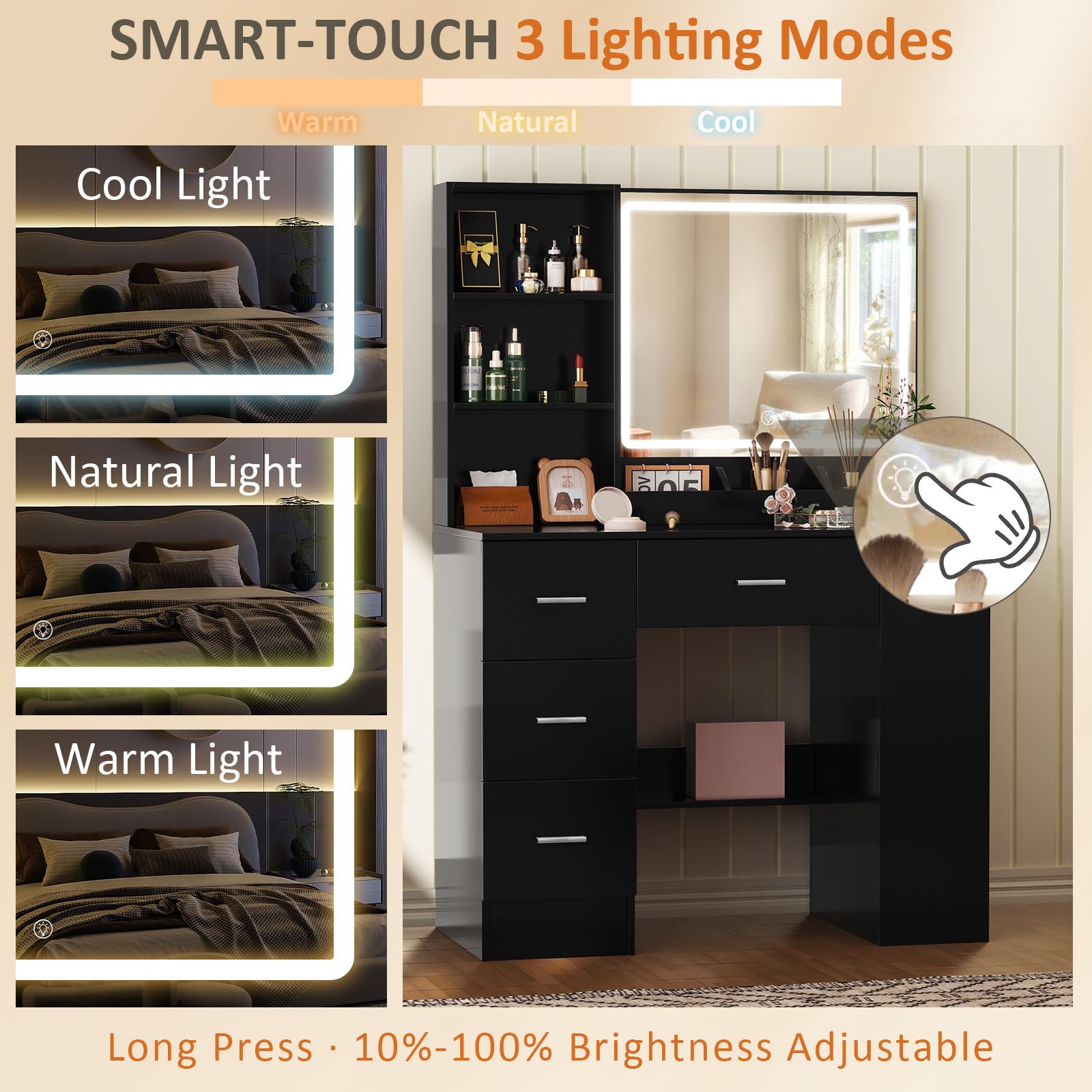 Toeletta Trucco con Specchio Luci LED, 4 Cassetti 6 Ripiani e Mobile Laterale, Postazione Trucco, Nero Scrivania Trucco 80 cm