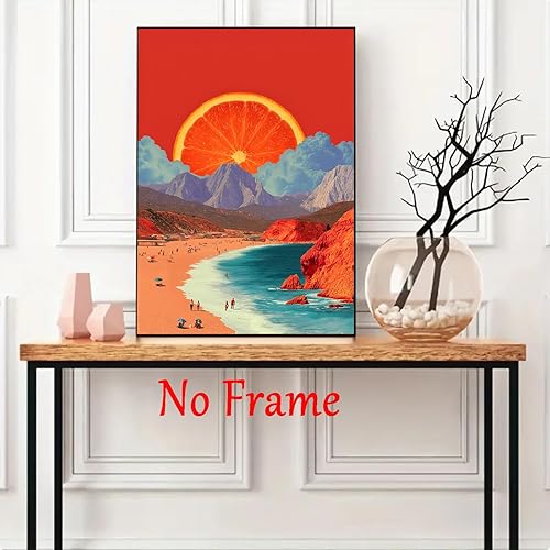 Miniatura 4 de Arte de pared de montaña de playa naranja, impresión estética vintage sin él, imagen retro de los años 70, arte de pared bohemio con atardecer en el