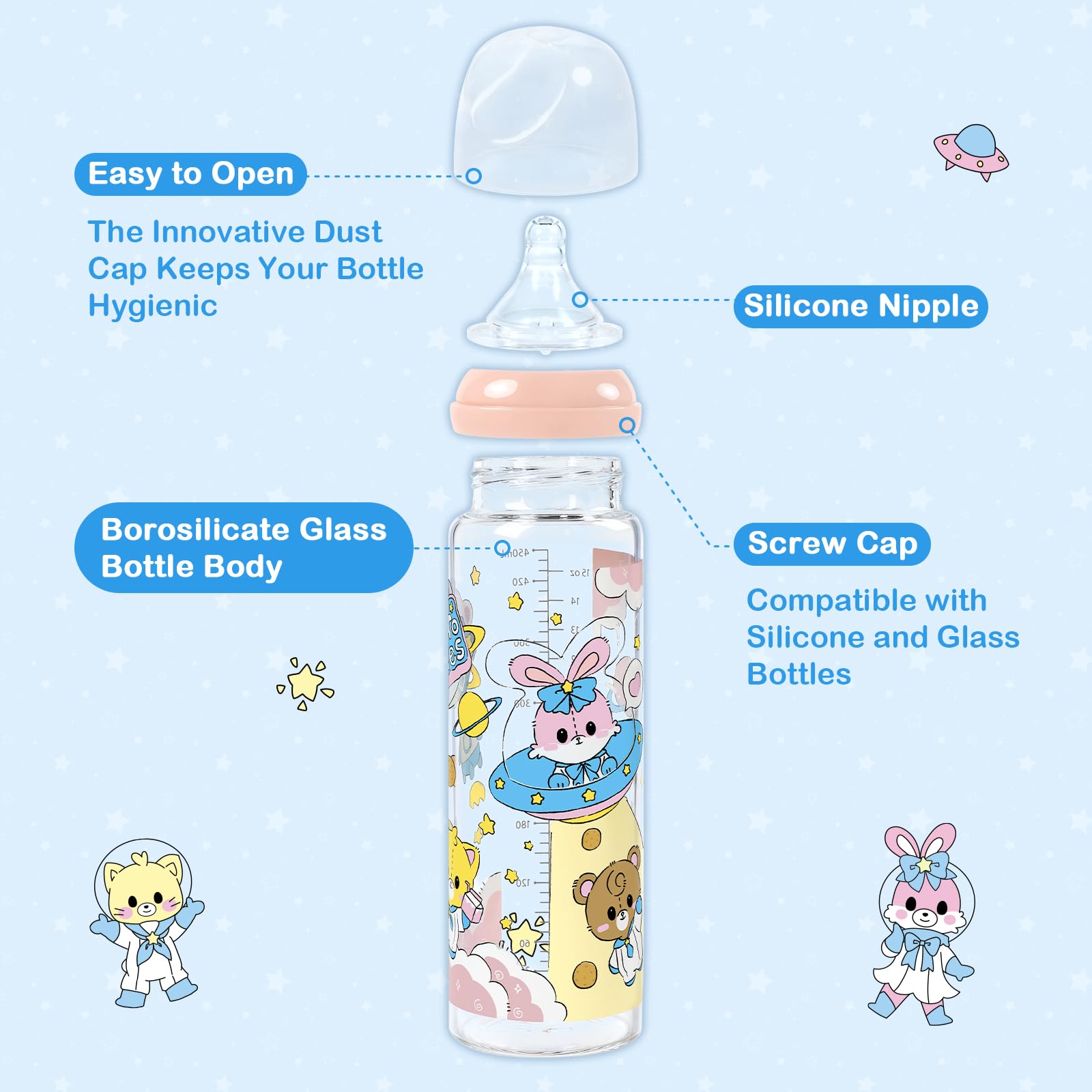 LittleForBig Adult Baby Bottle Ultra Printed Specialty Oversized Glass Feeding Baby Astros Pattern, Pink - Image 2
