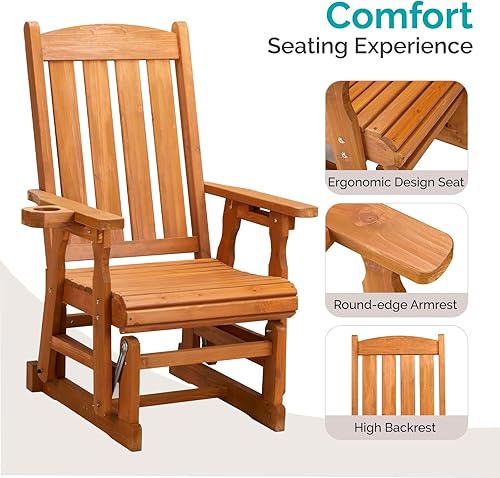 Miniatura 4 de VINGLI Silla planeadora para exteriores de madera para patio con soporte para tazas, planeador de porche con mecanismo de balanceo suave, resistente