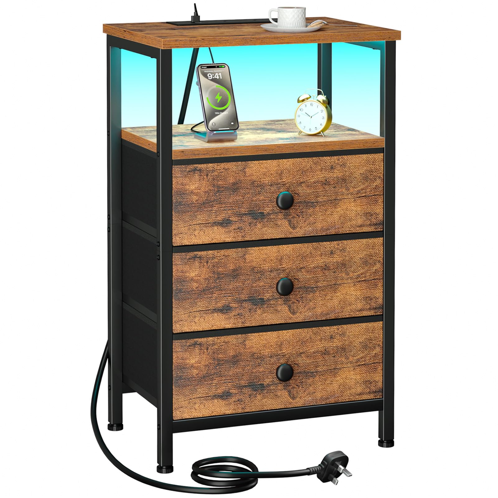 LOAKEKEL Bedside Table with Charging Station, Side Table with LED Light